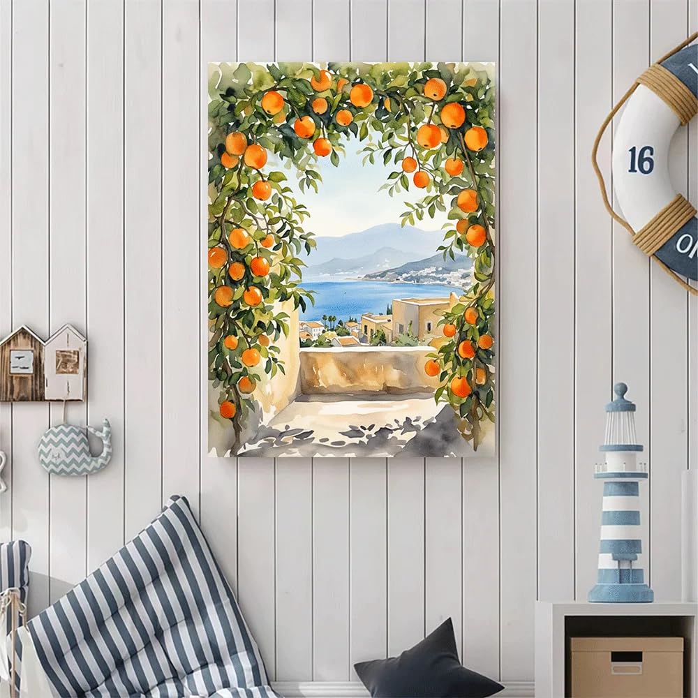 GKUVBF Tableau sur toile représentant un paysage côtier méditerranéen, une arche d'orangers en été, un village en bord de mer, une ferme, une décoration intérieure (70 x 100 cm/cadre intérieur)