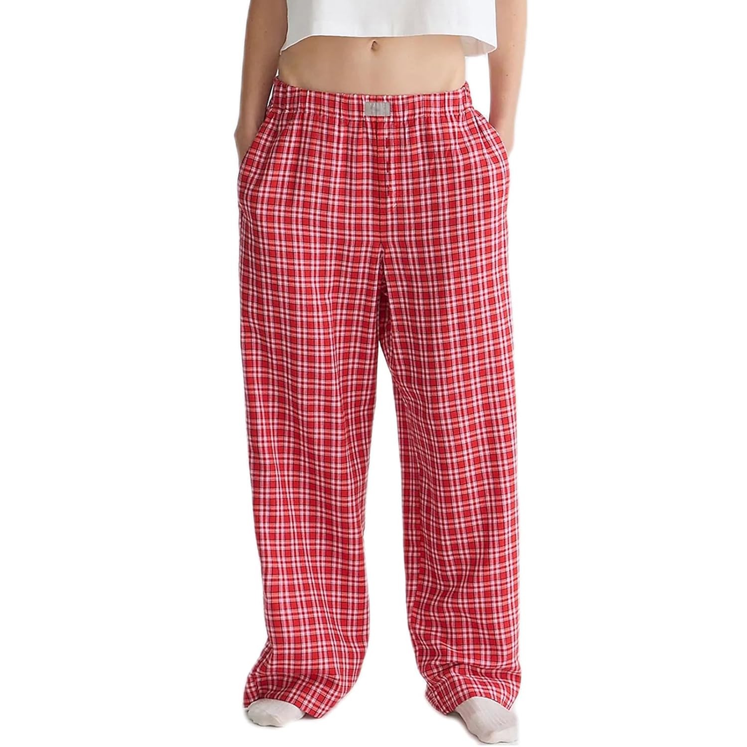 Womens Casual Plaid Straight Wide Leg Pants Elastic Waist Sweatpants Button Workout Pants Lounge Trousers with Pockets