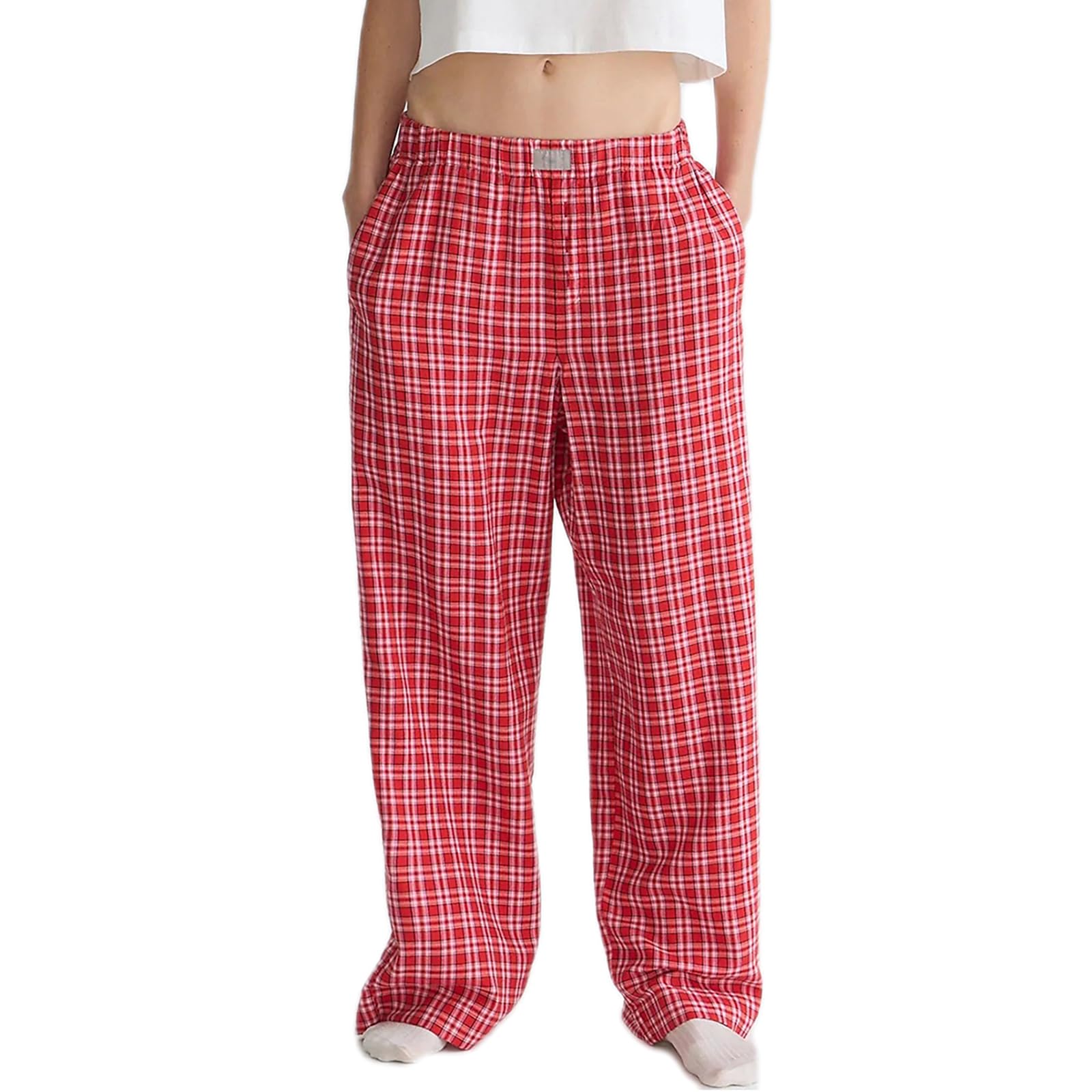 Womens Casual Plaid Straight Wide Leg Pants Elastic Waist Sweatpants Button Workout Pants Lounge Trousers with Pockets