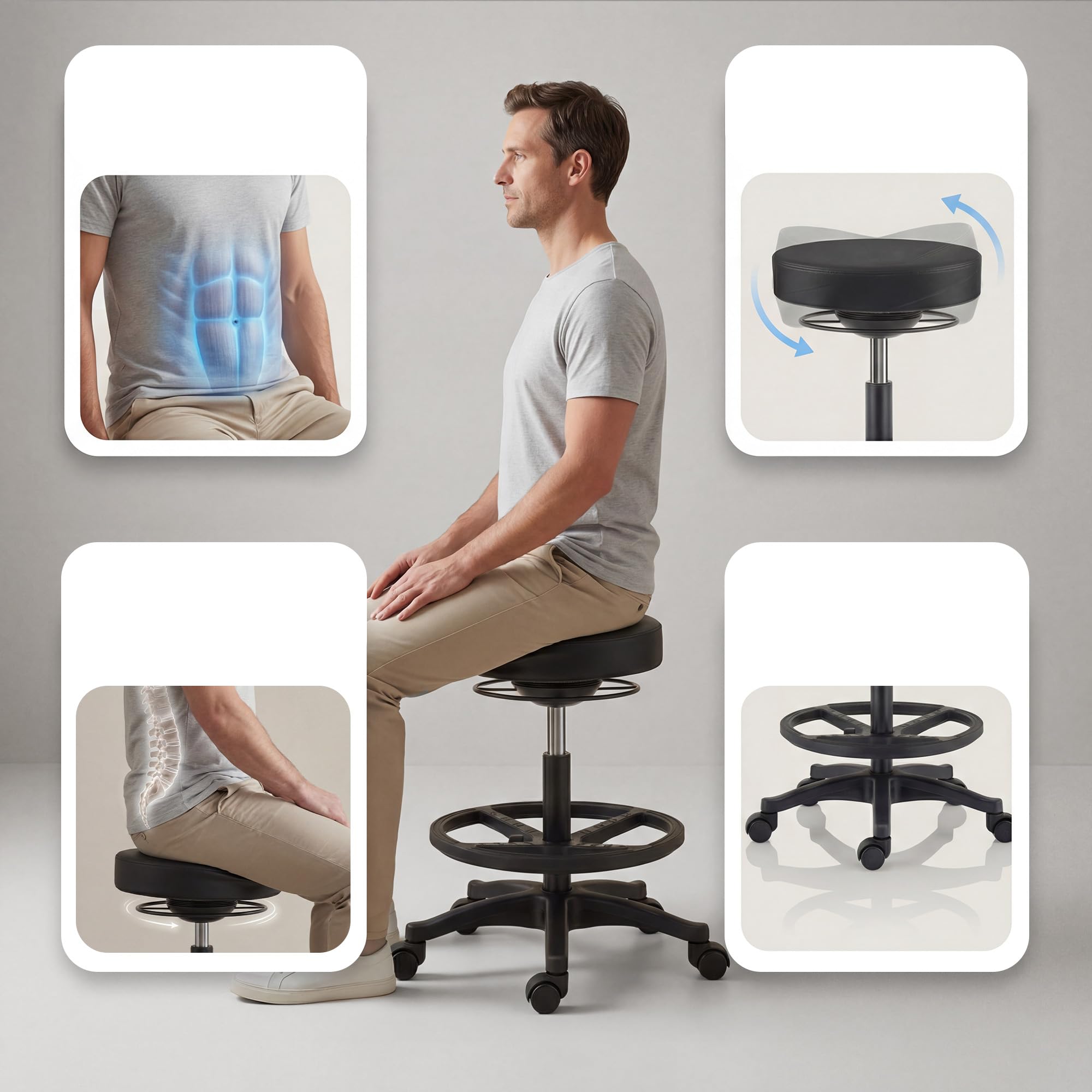 Jan Nowak Tabouret Atelier a roulettes réglable 58,2-79,5 cm pivotant 360 Tabouret Laboratoire Ergonomique siège Mobile Professionnel Industriel Jusqu à 130 kg