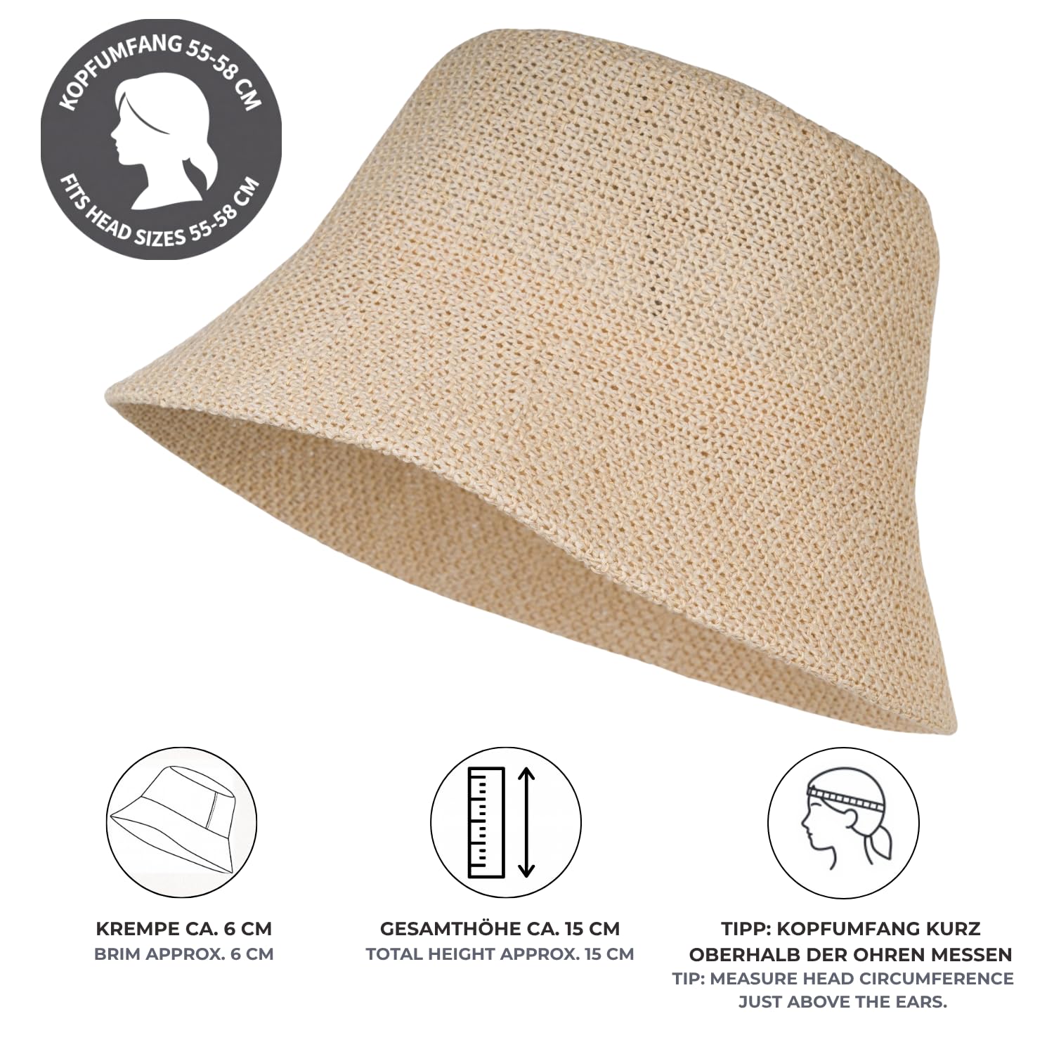 styleBREAKER Sombrero de Sol para Mujer de Paja de Papel, Bucket Hat Plegable Ligero con Banda Absorbente y ala para protección Solar en Playa y Ocio