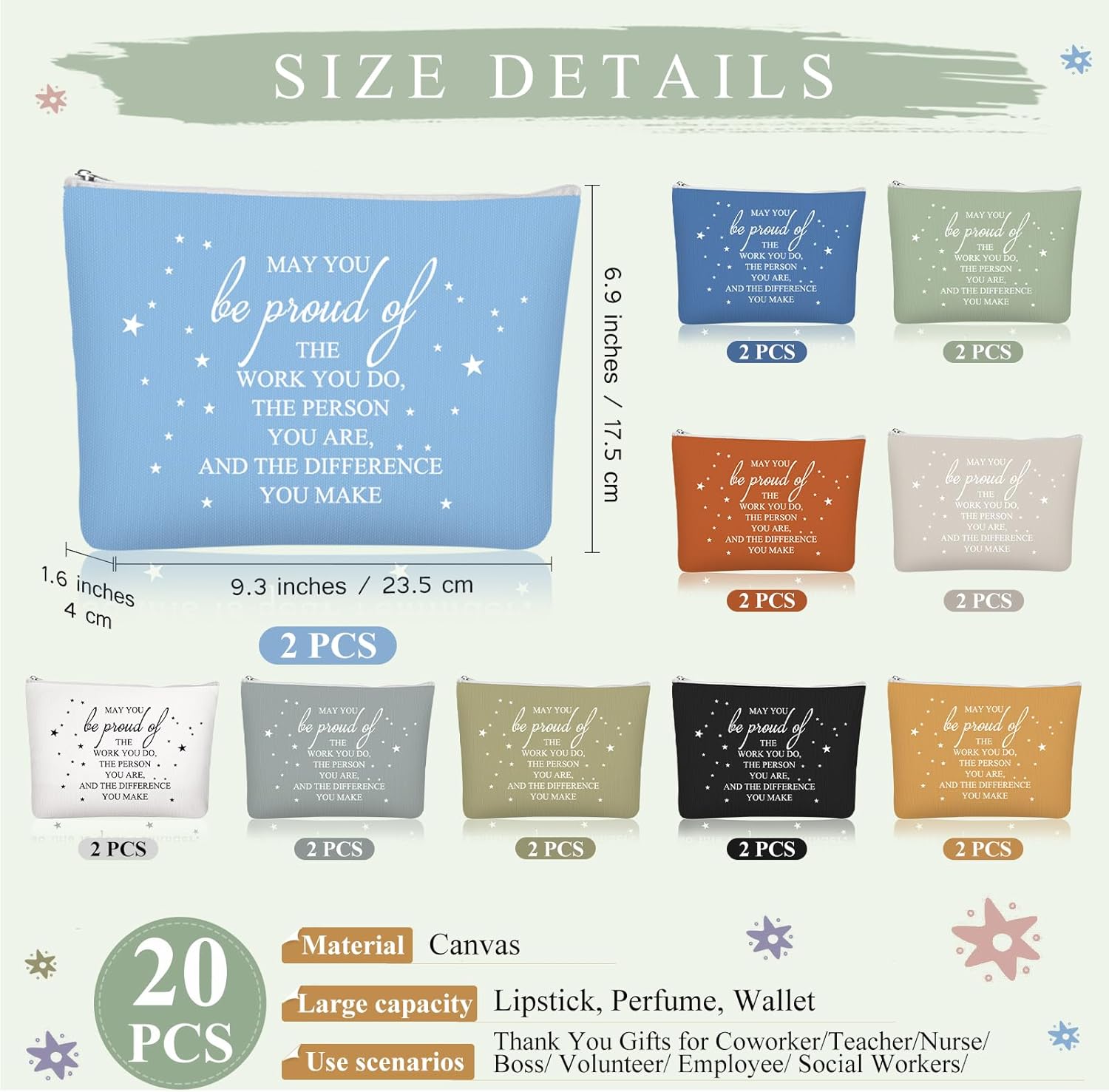 Sieral 20 Pcs Employee Appreciation Gifts for Women Inspirational Canvas Makeup Bags May You Be Proud Cosmetic Pouch Motivational Gift Canvas Makeup Bag with Zipper for Coworker Staff(Boho Color) - Image 2