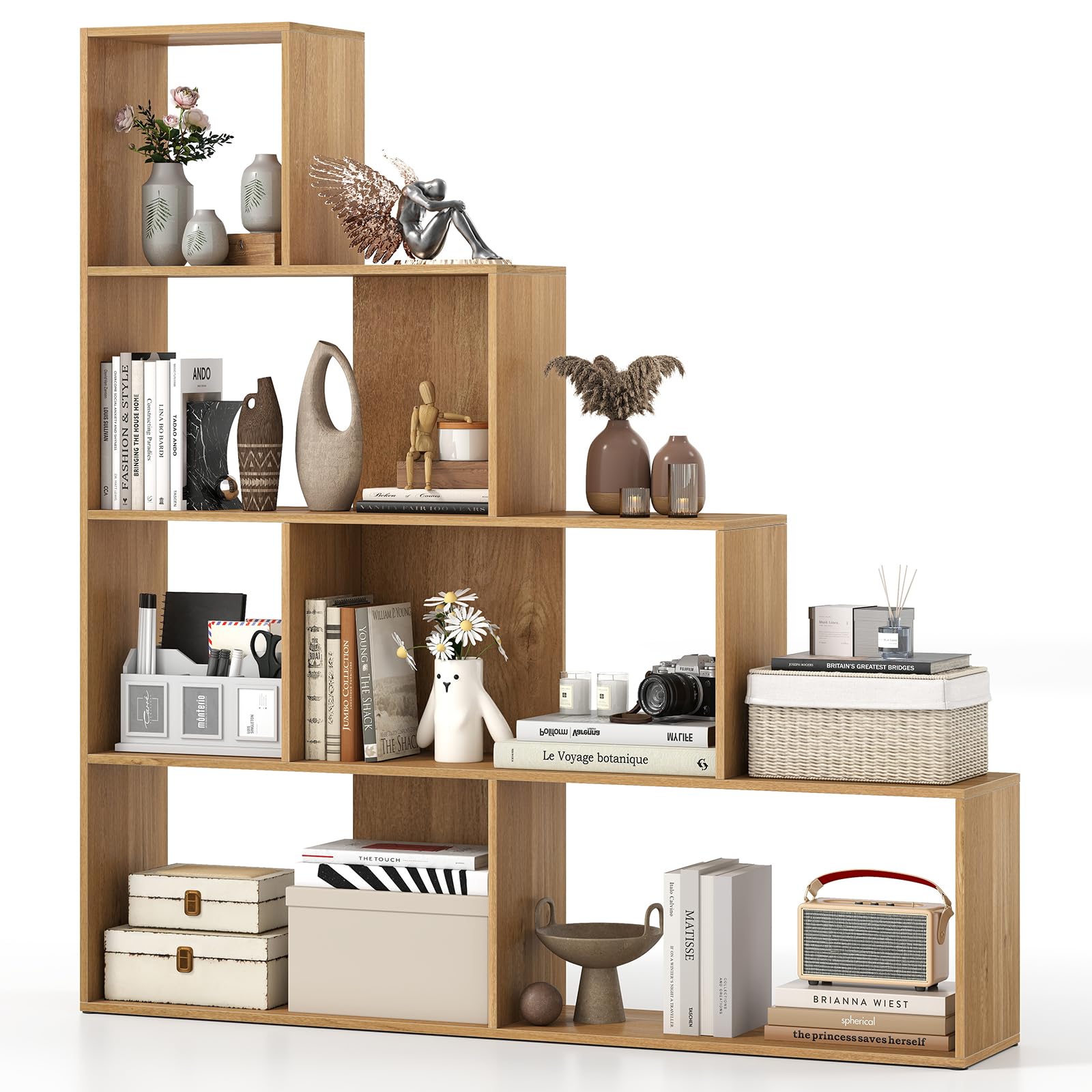 COSTWAY 6 Cube Storage Bookcase, 162CM Tall Wooden Display Bookshelf Corner Rack, Modern Freestanding Ladder Shelving Unit Room Divider for Home Office Living Room Bedroom (Natural, with Backboard)