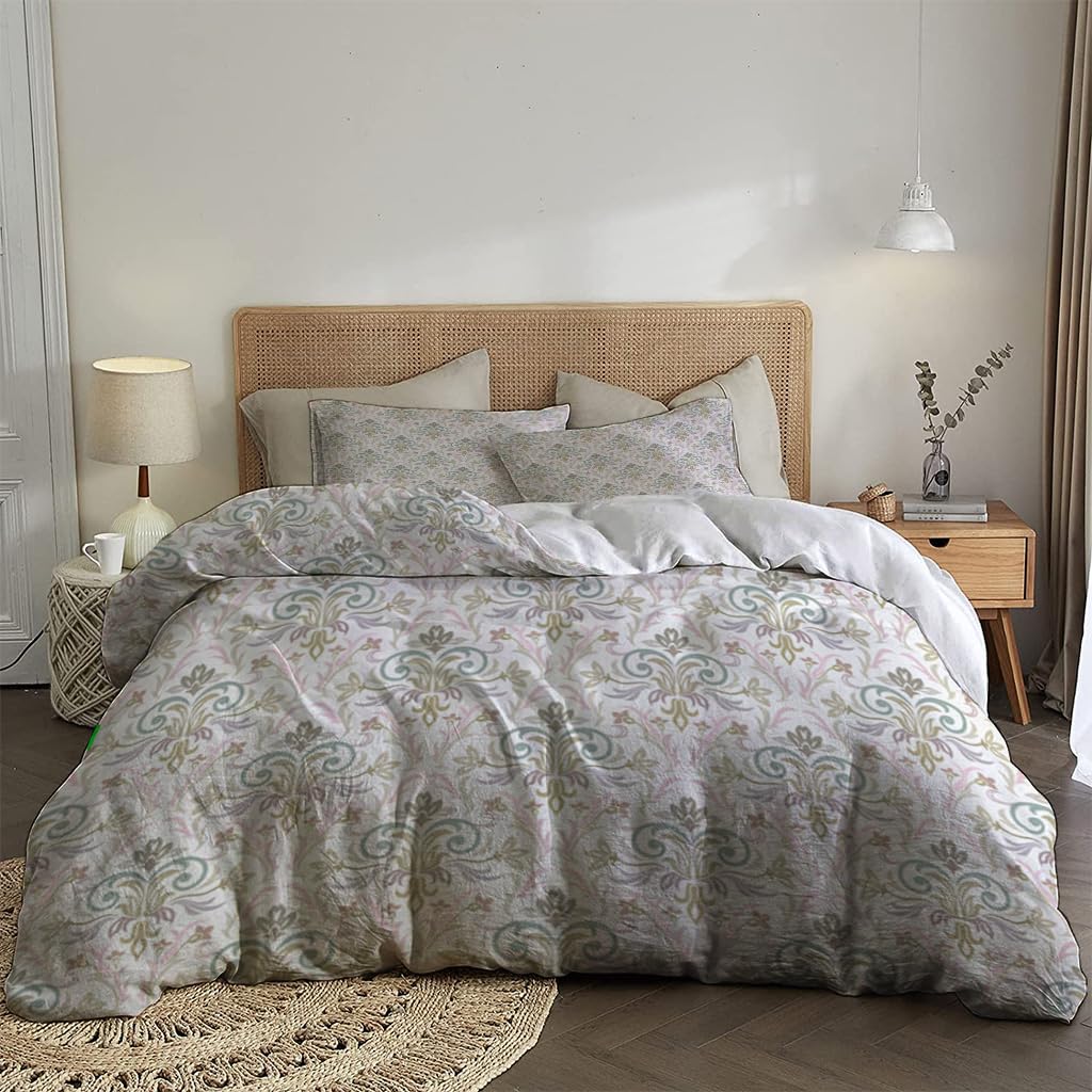 NIBAINLO 布団カバー淡いピンクとグリーンの繊細な花柄ダマスク模様 肌に優しい ピーチスキン加工 掛け布団カバー 和式 洋式 あったか 布団カバーセット リバーシブル ホームステイ ホテル 家庭兼用