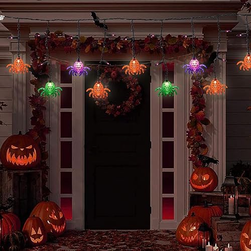 Miniatura 3 de Romasaty Cortina de luces de araña de Halloween de 7 pies con 10 tiras de luces de araña impermeables, 25 luces LED temáticas de Halloween para