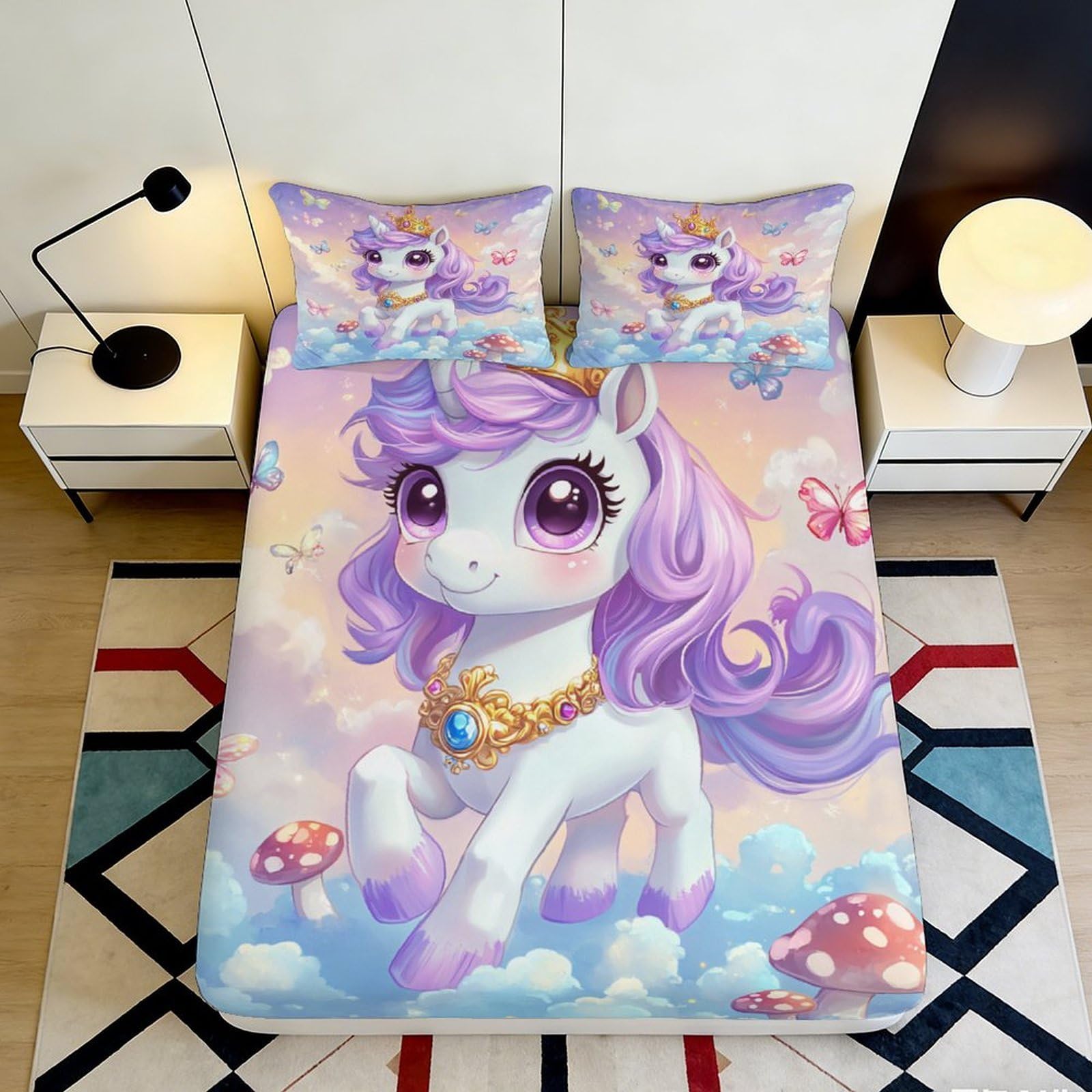 3D Printed Pastel Unicorn Fitted Sheet Microfiber Soft Pink Butterfly Mattress Cover for Bedroom Dorm Decor 180x200x25cm