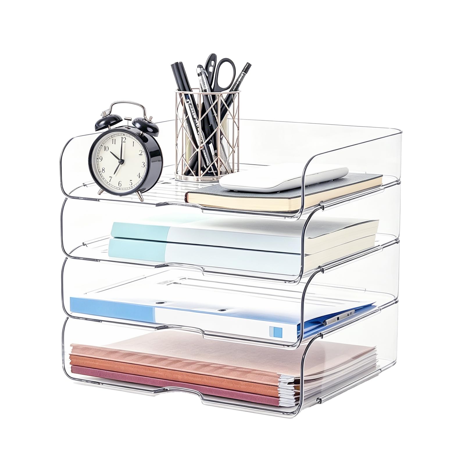 Hniuyun Transparent 4-Tier Acrylic Stackable Letter Tray - Clear Paper Organizer For Desk, File Sorter For Documents, A4/Letter Size, Office Supplies, Ipad, Magazines, And Folders