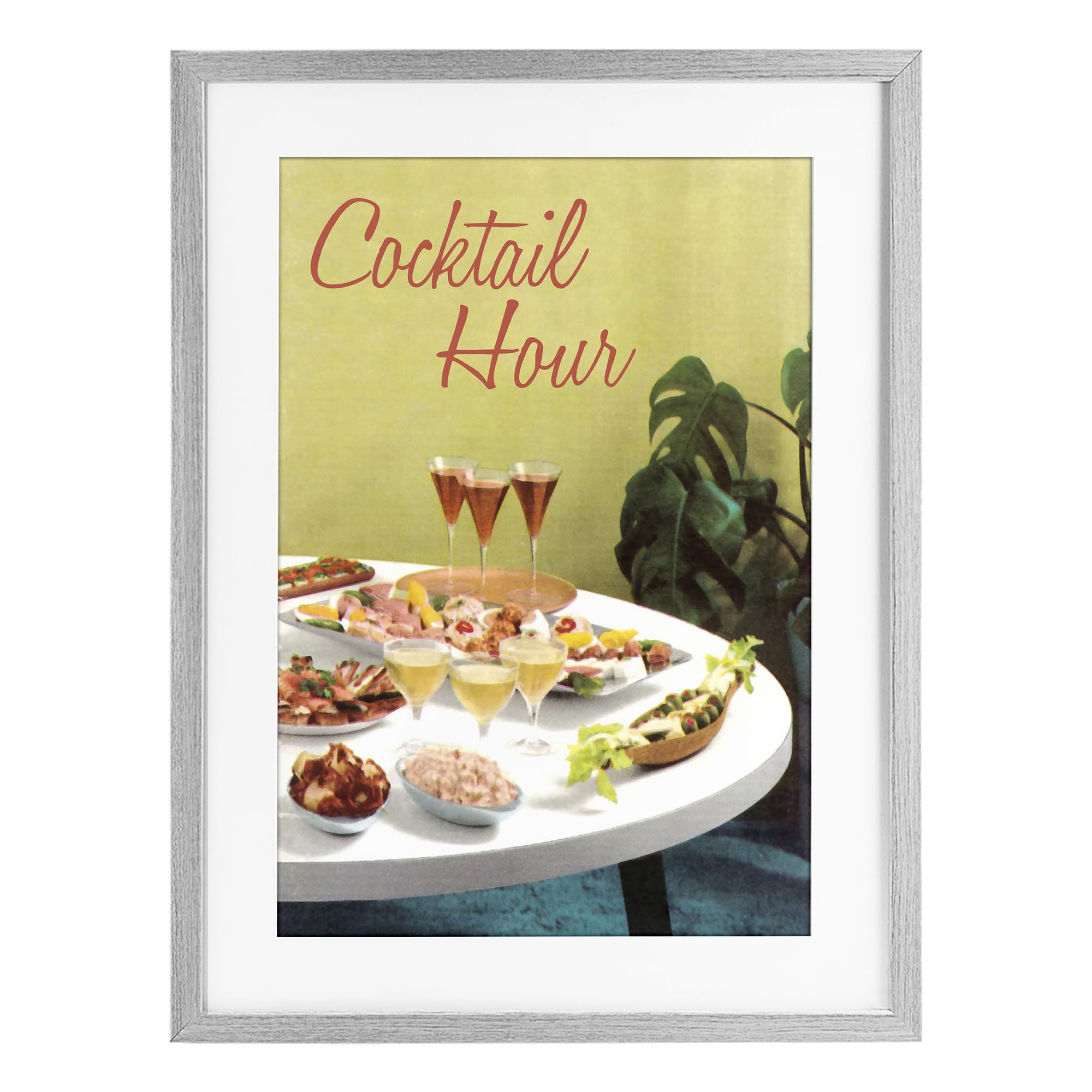 Stupell Industries Retro Cocktail Hour Table Spread for Dining Room, Happy Hour Cheers Decor, 17 x 23 Inch Framed Matted Print Under Glass, by Tim Wright, Made in USA Gift