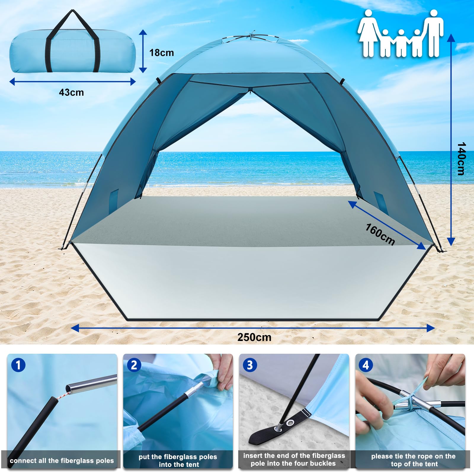 Tente de Plage pour 1-3/3-4/5-6 Personnes, Tente de Plage Protection UV 50+ Abris de Plage Tente de Camping de Plage Poids Léger, Facile à Installer et Portable