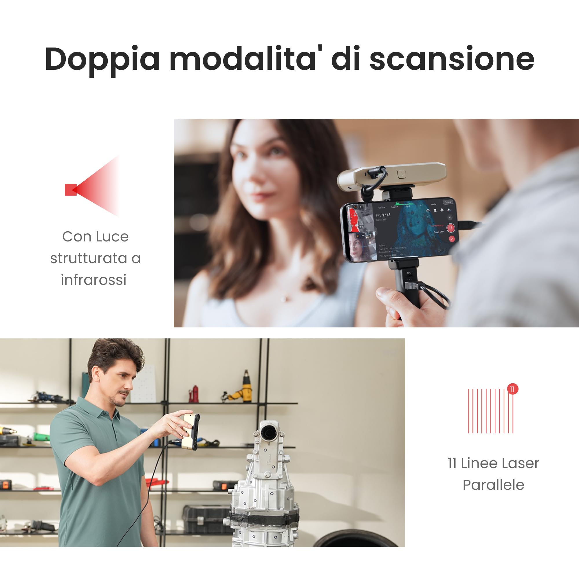 Revopoint INSPIRE 2 Scanner 3D per stampa 3D, Precisione da 0,03 mm, Laser Multilinea e Luce Strutturata, Scansione Wireless per Esterni, Scansioni a Colori, per iOS/Android/Win10/11, Standard