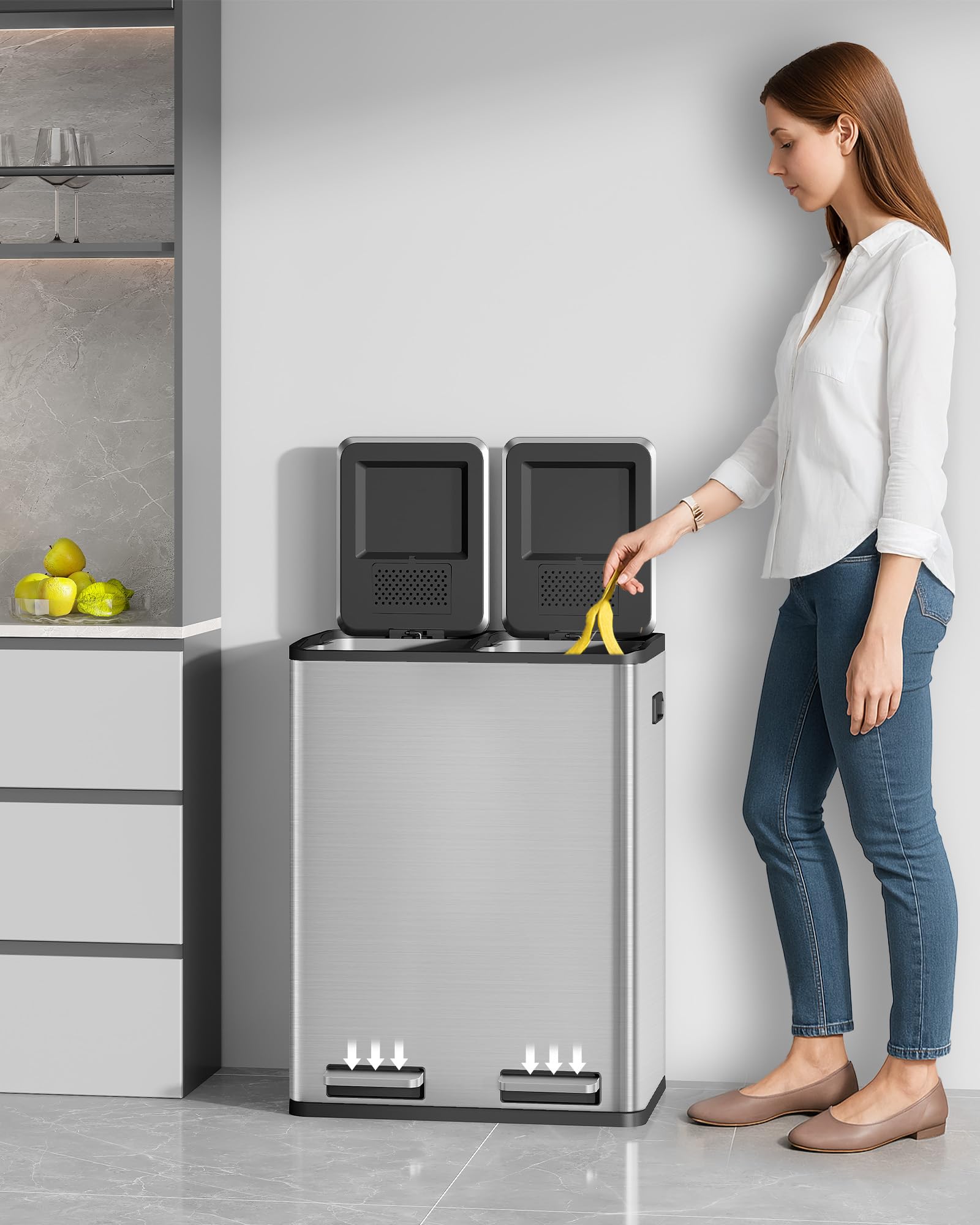 Hzuaneri Mülleimer Küche, 2 x 30 L, Mülltrennsystem 2 Fächer 60 L, Edelstahl-küchenmülleimer, Tretmülleimer, Abfalleimer Ruhiger Langsamer Abstieg, mit 15 Exklusiven Abfallbeuteln, Silber SW06099E