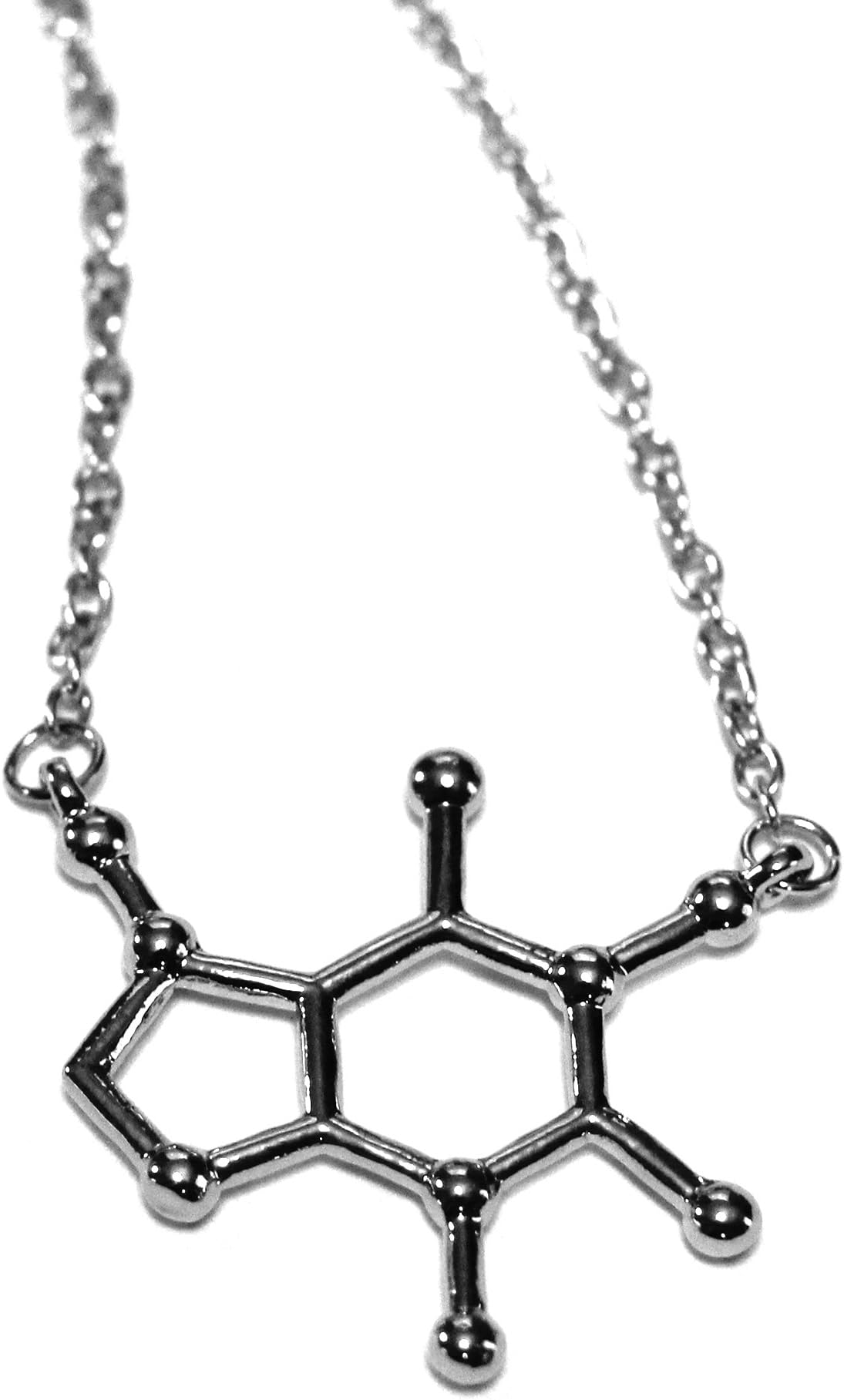 Santa Monica Charm Co. The Original Molecule Necklace (Serotonin, Caffeine, or Dopamine) Featuring Silvertone Polished Science Charms and Cotton Gift Pouch