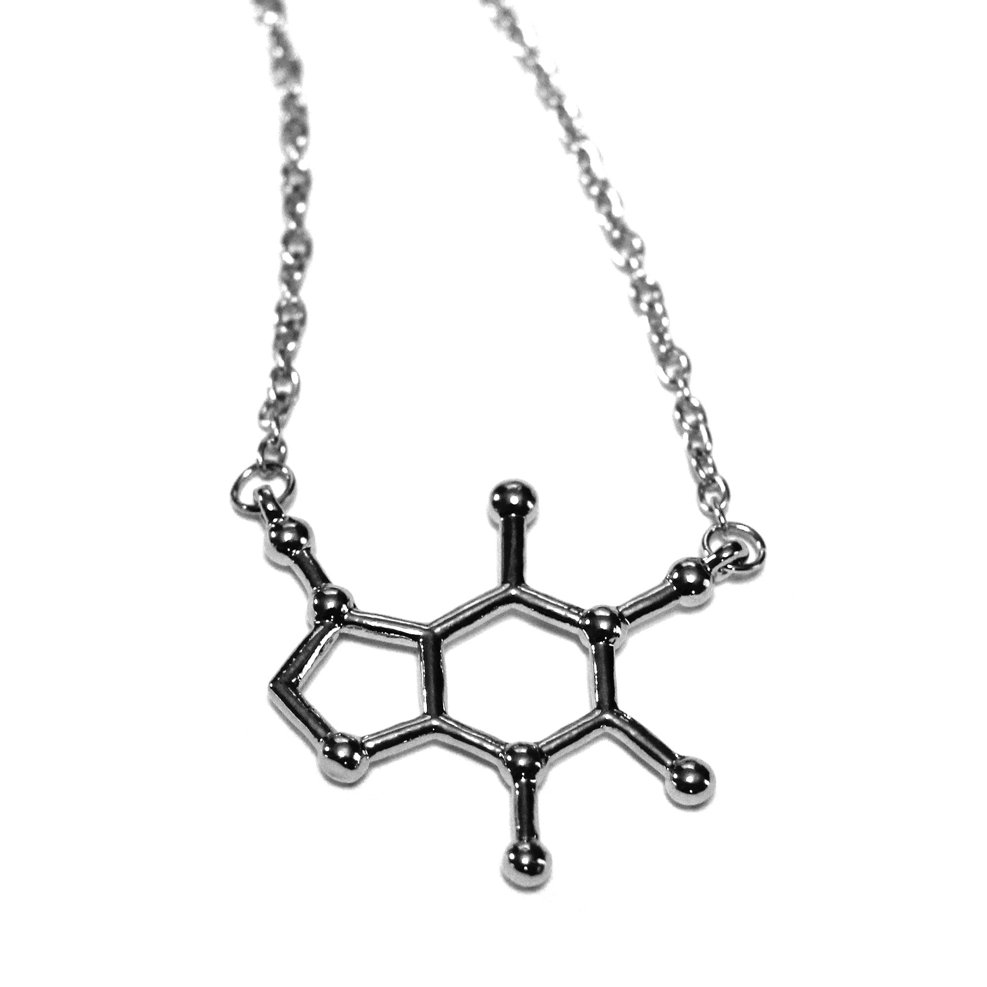 Santa Monica Charm Co. The Original Molecule Necklace (Serotonin, Caffeine, or Dopamine) Featuring Silvertone Polished Science Charms and Cotton Gift Pouch