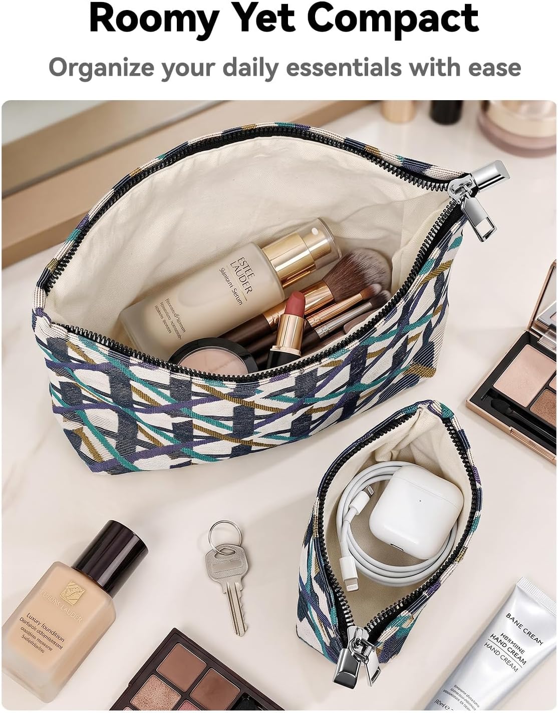 2 Pcs Navy Blue Geometric Jacquard Makeup Bag Set for Women, Boho image 3