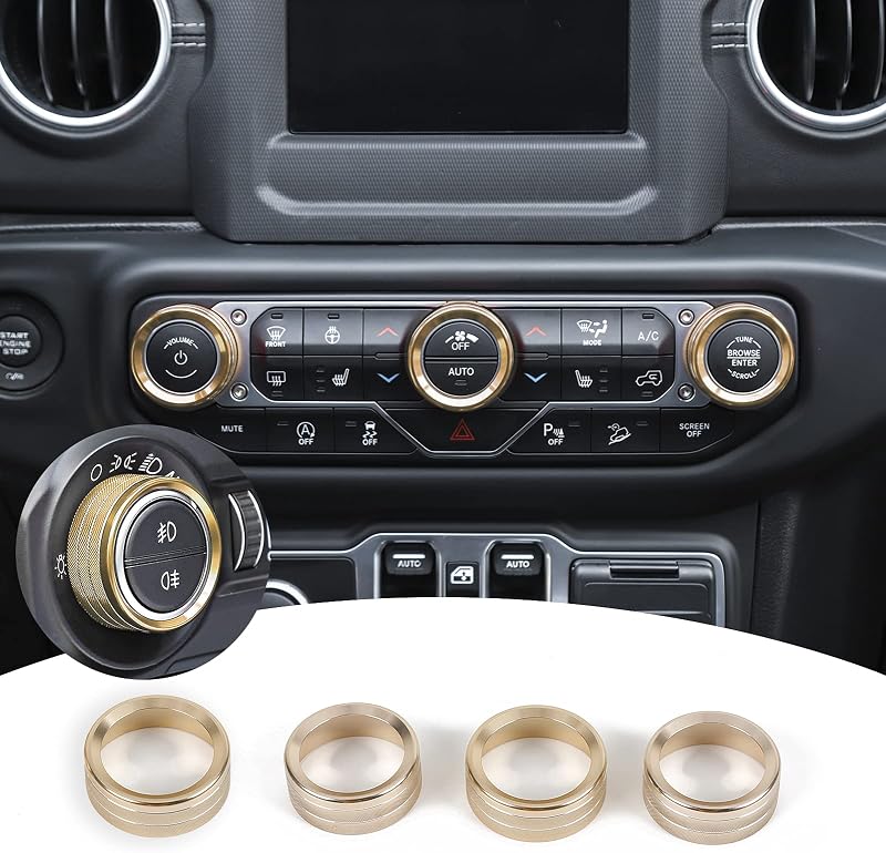 Kit de capas para manoplas de ar-condicionado e farol JeCar em liga de alumínio dourada para Jeep Wrangler JL JLU 2018–2023 e Gladiator JT 2020–2023
