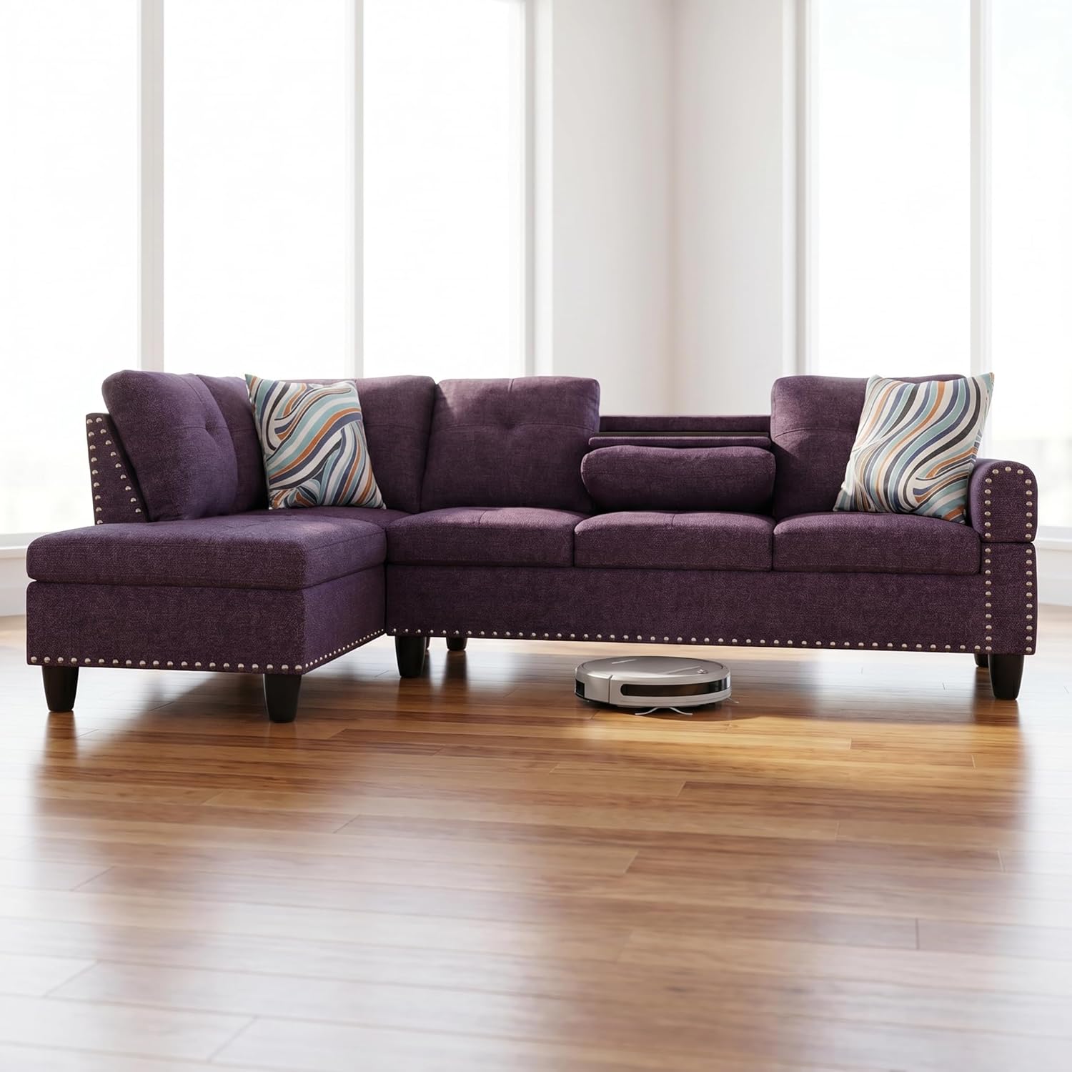 L-Shaped Sectional Sofa, Modern 4-Seat Couch with Built-in Cup Holders, Upholstered Fabric Sectional Couch with Right Facing Chaise for Living Room, Apartment, Office, Purple