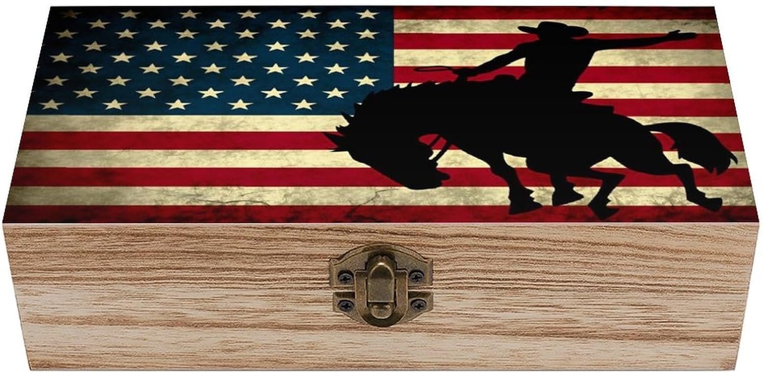 Western Cowboy Tapestry Vintage American Flag Black Horse Wooden Jewelry Box Rustic Keepsake Organizer with Front Clasp for Jewelry Crafts And Everyday Small Items
