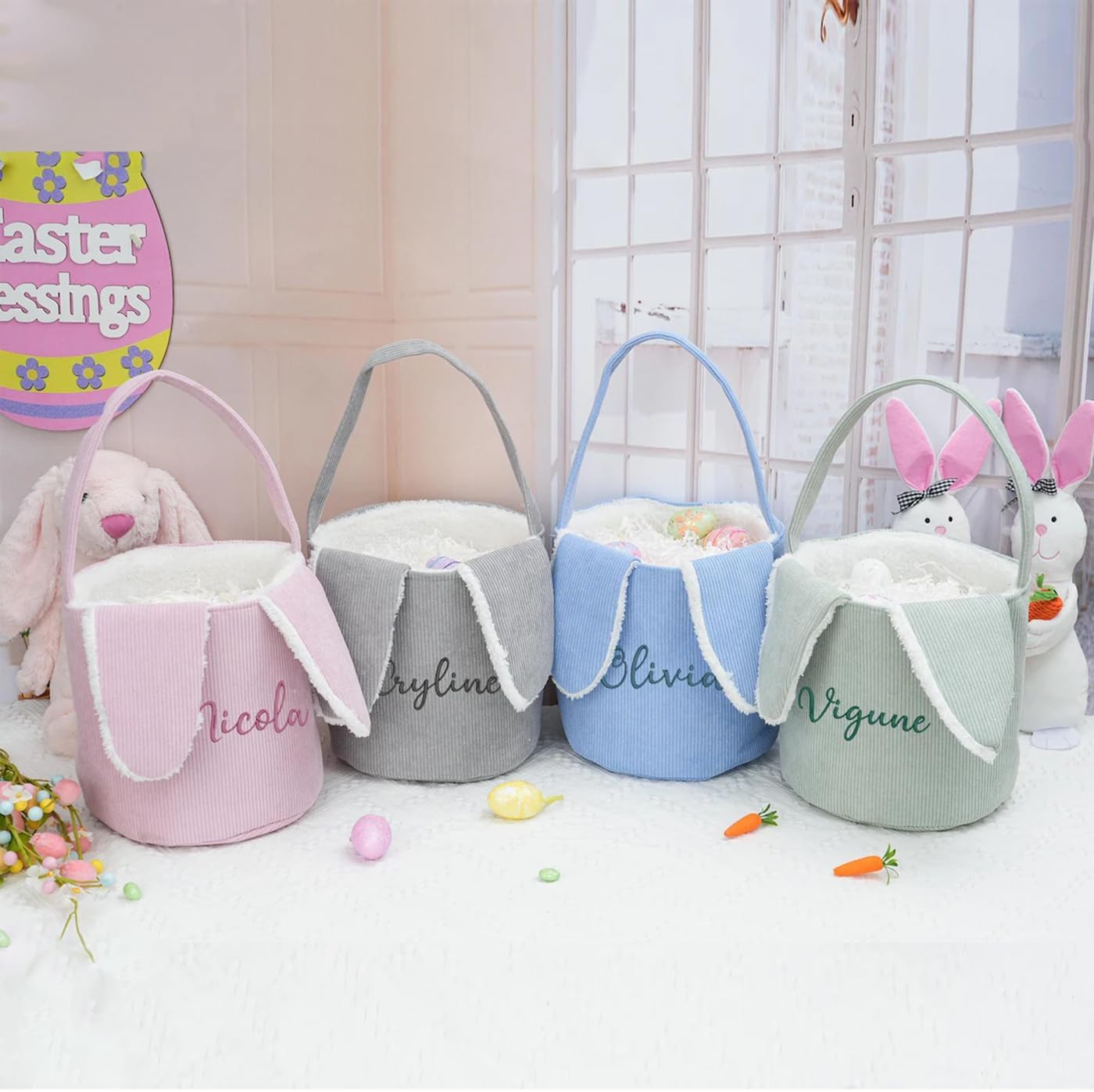 Easter dates Personalized Embroidered English Name Storage Basket, Corduroy Droopy-Eared Rabbit Handle Easter Storage Basket