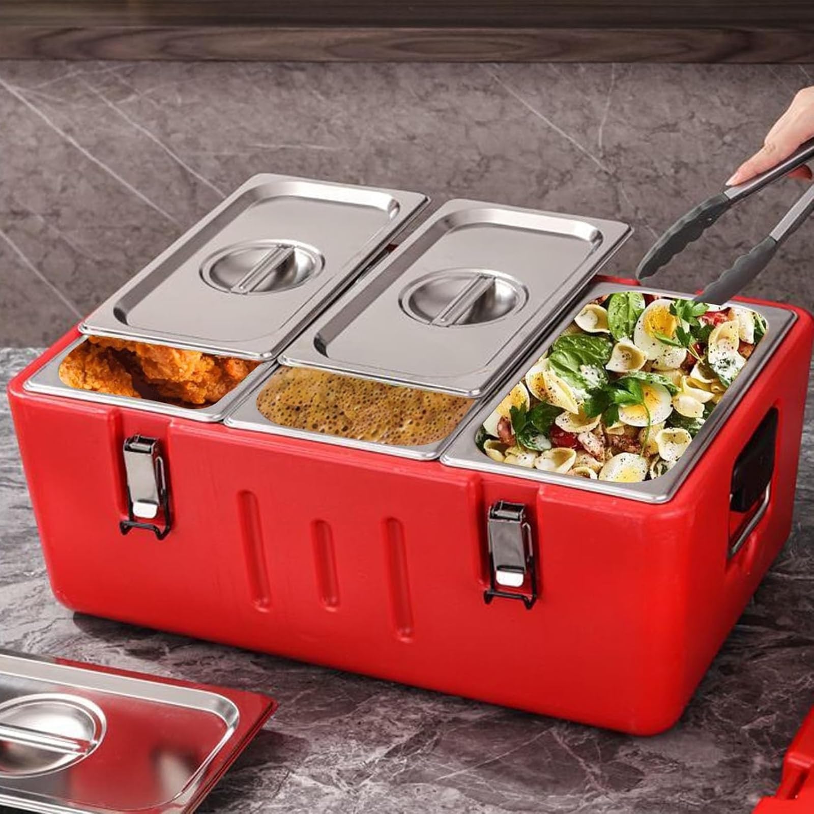 Caja de alimentos resistente aislada con sartenes de acero inoxidable, transporte de alimentos fríos y calientes, 4 hebillas y 2 asas para catering, camping