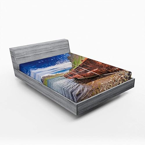 Lunarable Shipwreck Fitted Sheet Set, Rusty Ship Wreck in Iceland Near Cliffs Hills Valley Fjord Nordic Arctic Scenery, Bed Cover with All-Round