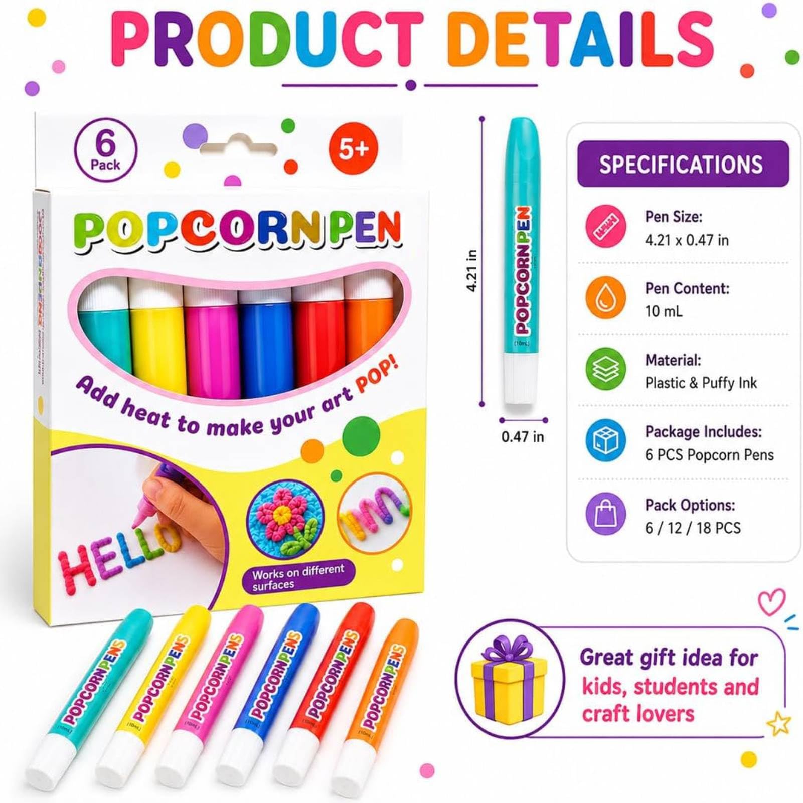 PopcornPen 3D-Zeichenmarker, wärmeaktivierte Blasenentlastung, magische Kunststifte, waschbar, sichere Pufftinte für Kartenherstellung, Scrapbooking, Schule, Basteln, Kunstgeschenk für Kinder und
