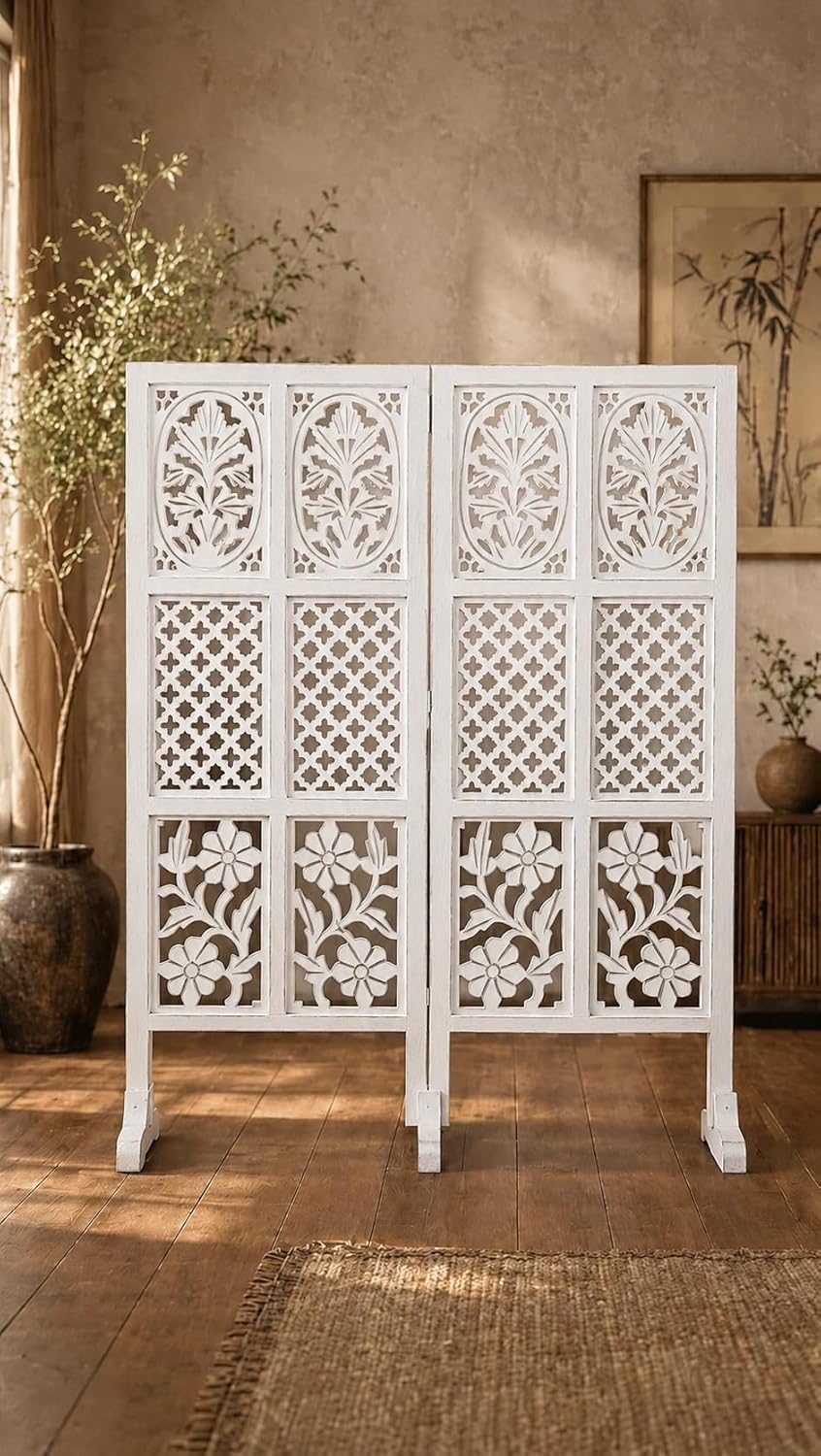 Home & Goods International Wooden Room Divider Partition – 4-FT Folding Privacy Screen with Mix Design Cutout – Decorative Freestanding Panel for Home, Office & Studio (2 Panel with Stand - White)-image-36