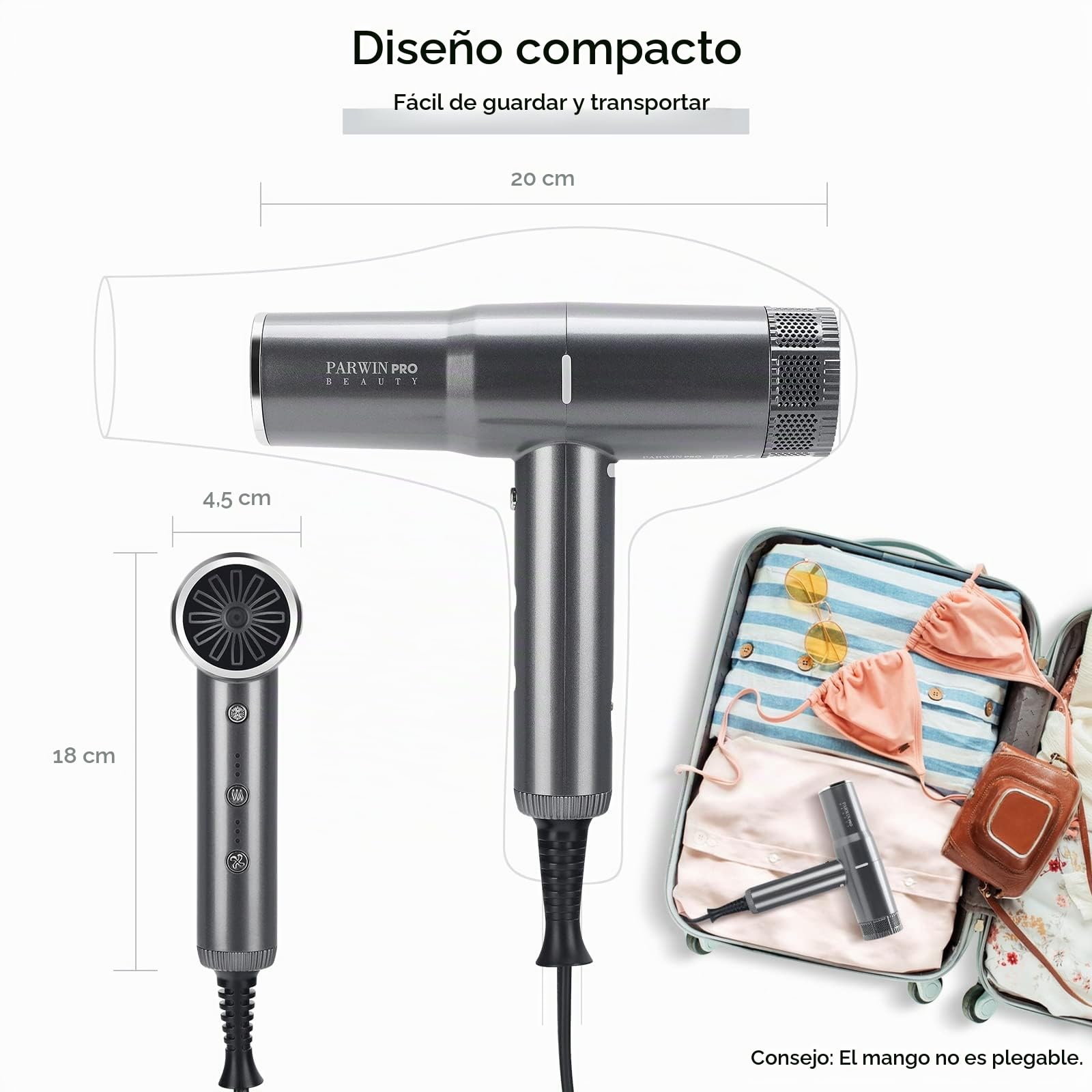 Secador De Pelo Profesional, PARWIN PRO BEAUTY Secador Pelo Ionico Con 110,000 Rpm Motores Sin Escobillas De Bajo Ruido | Secado Rápido | Función De Limpieza | Función De Memoria（gris）