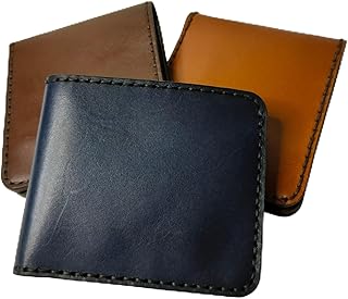 محفظة ثنائية الطي مصنوعة يدويا من الجلد الطبيعي للرجال، اسود، هدية لعيد الاب وعيد الميلاد والذكرى السنوية والتخرج والزفاف والكريسماس (ازرق داكن)