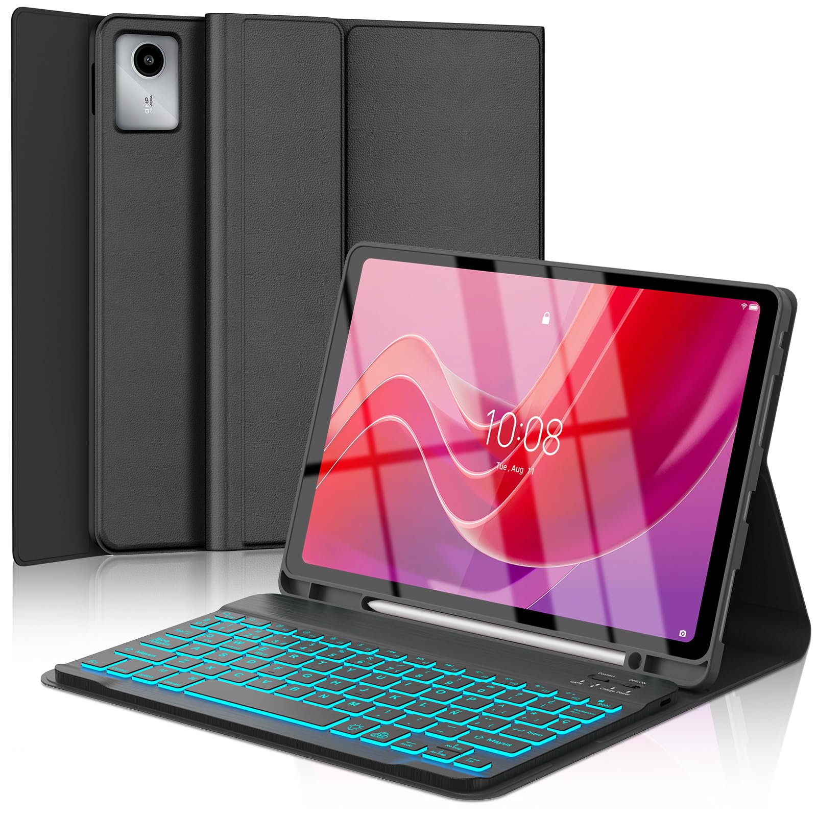 Funda Teclado para Lenovo Tab M11 11'', QWERTY Español Ñ, Magnético Desmontable Bluetooth Teclado, Retroiluminado de 7 Colores, para Lenovo Tab M11 TB330FU/ TB330XU 2024 11"(Negro)
