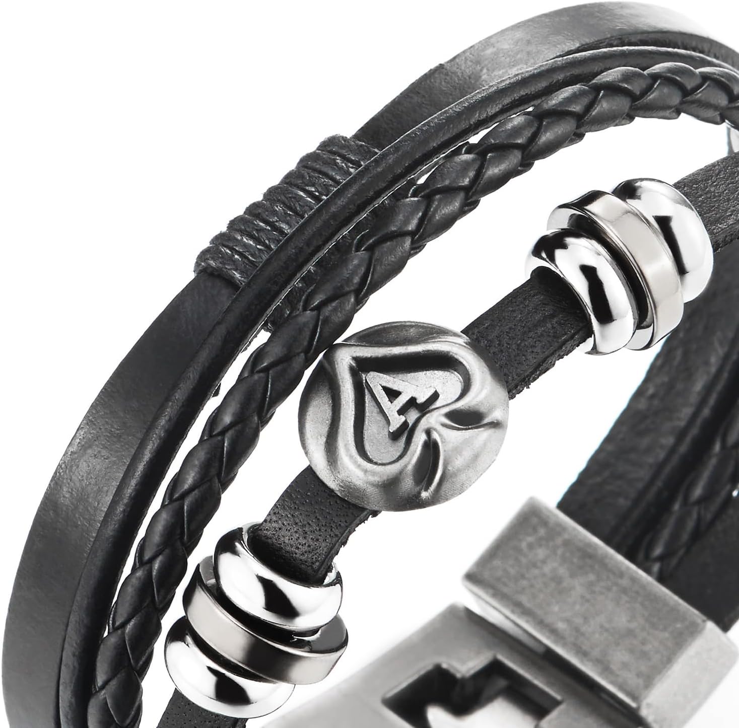 COOLSTEELANDBEYOND Ace Spade Bead Charms Multi-Strand Black Braided Leather Bracelet Wrap Wristband for Men Women