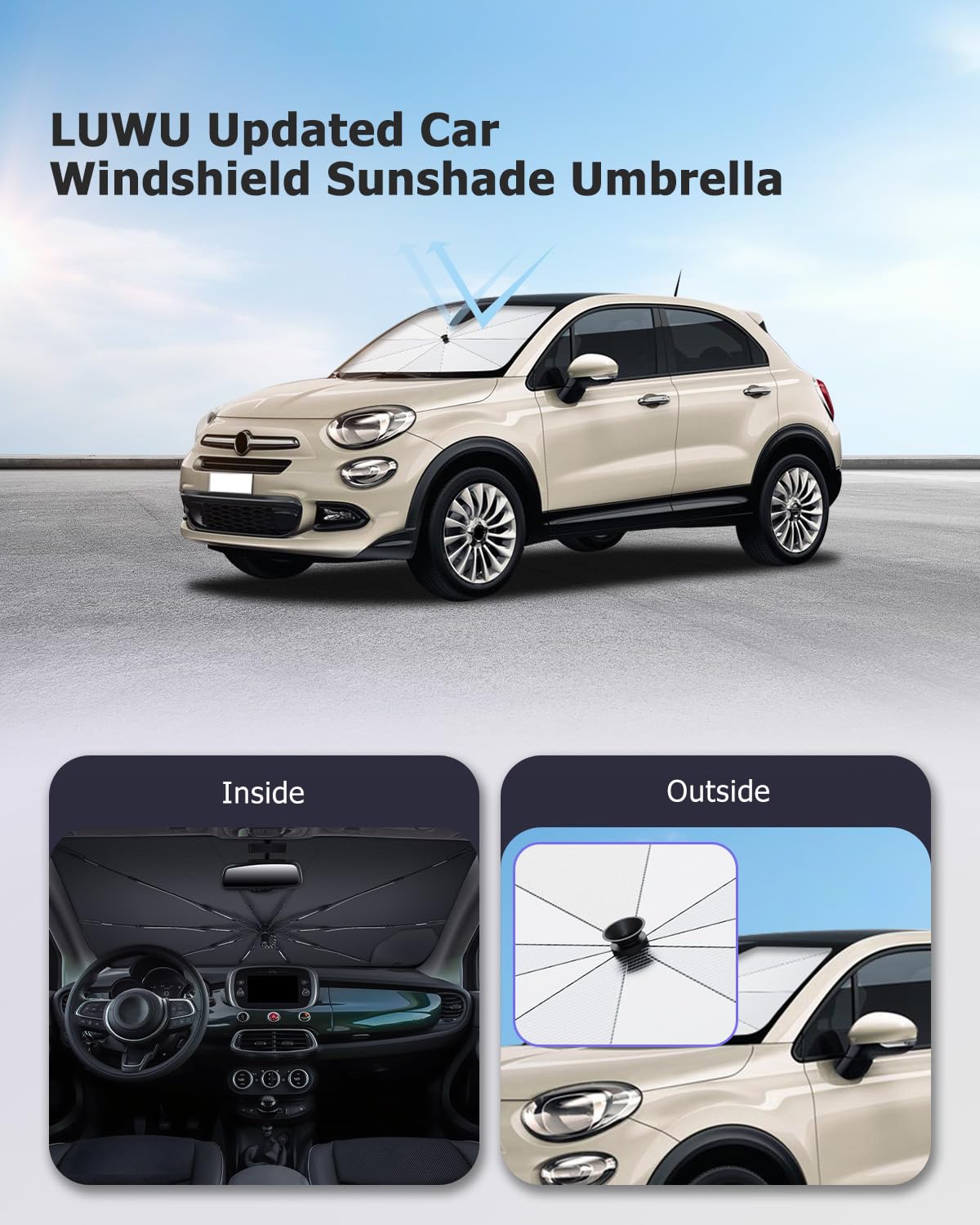 LUWU [Aggiornato] Ombrello Parasole Auto Compatibile con FIAT 500X 2015-2025 2026 Parabrezza Parasole Auto ad Ombrello Pieghevole per Parabrezza Anteriore Interno 500X Accessori