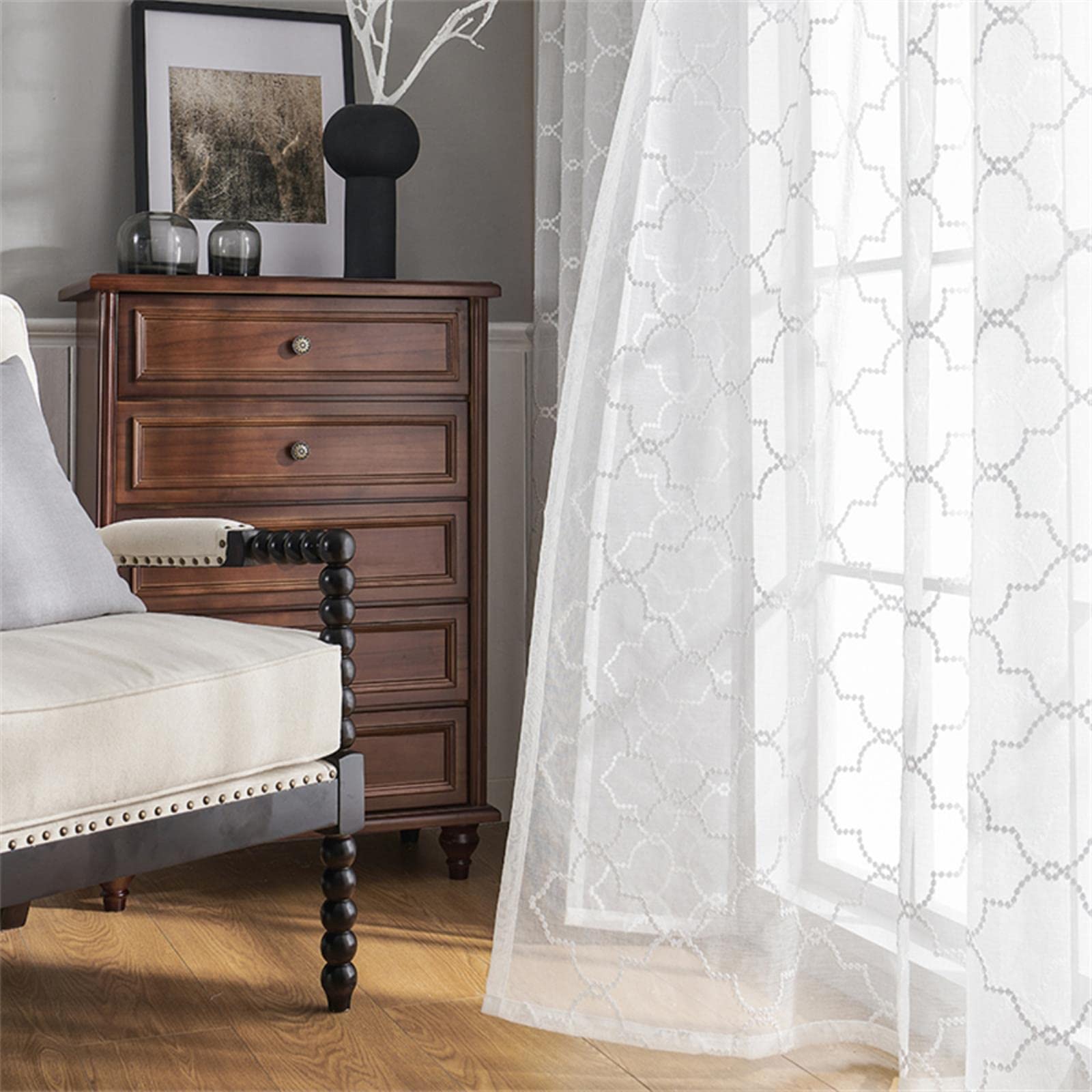 Géométrique Broderie Sheer Rideau pour Salon Tulle Voile Rideau pour Cuisine Chambre Décor À La Maison Fenêtre
