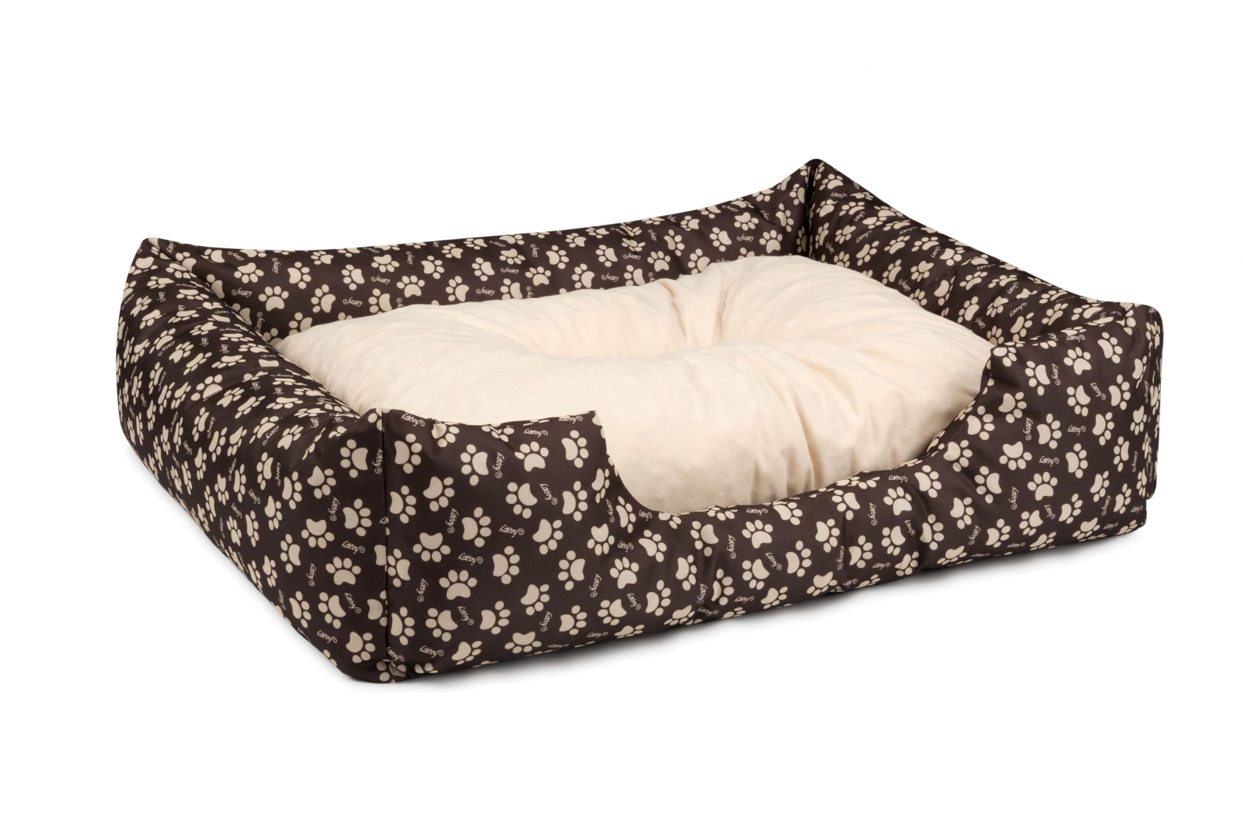 BedDog Hundebett Mimi, Hundesofa aus Cordura, Microfaser-Velours, waschbares Hundebett Vier-eckig mit Rand, Hundekissen für drinnen, draußen, L, braun-beige mit Pfoten
