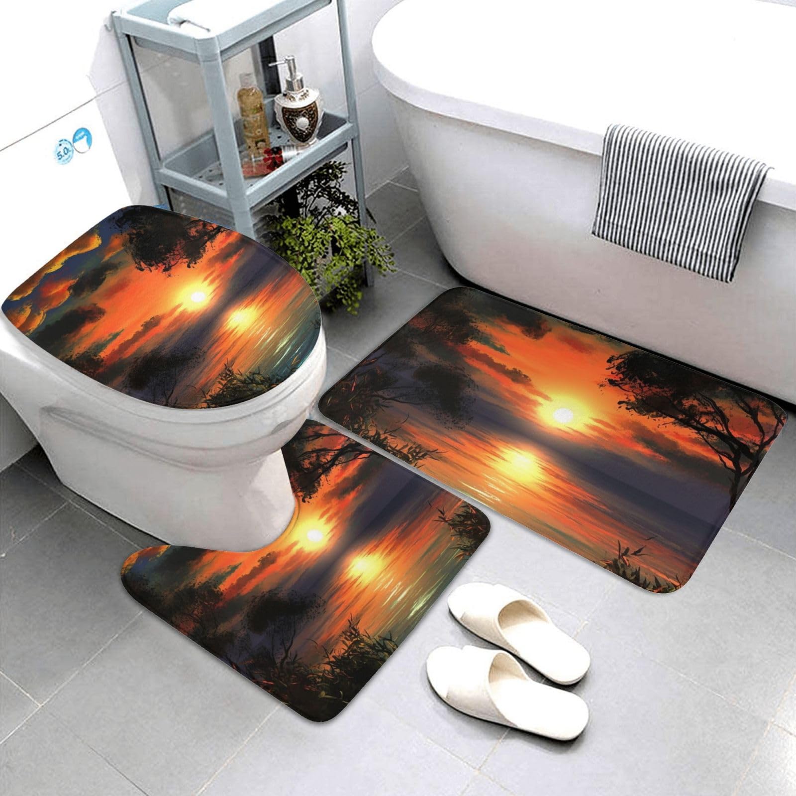 Set di 3 tappetini da bagno con disegno di tramonto in flanella morbida antiscivolo con coperchio per la decorazione della casa
