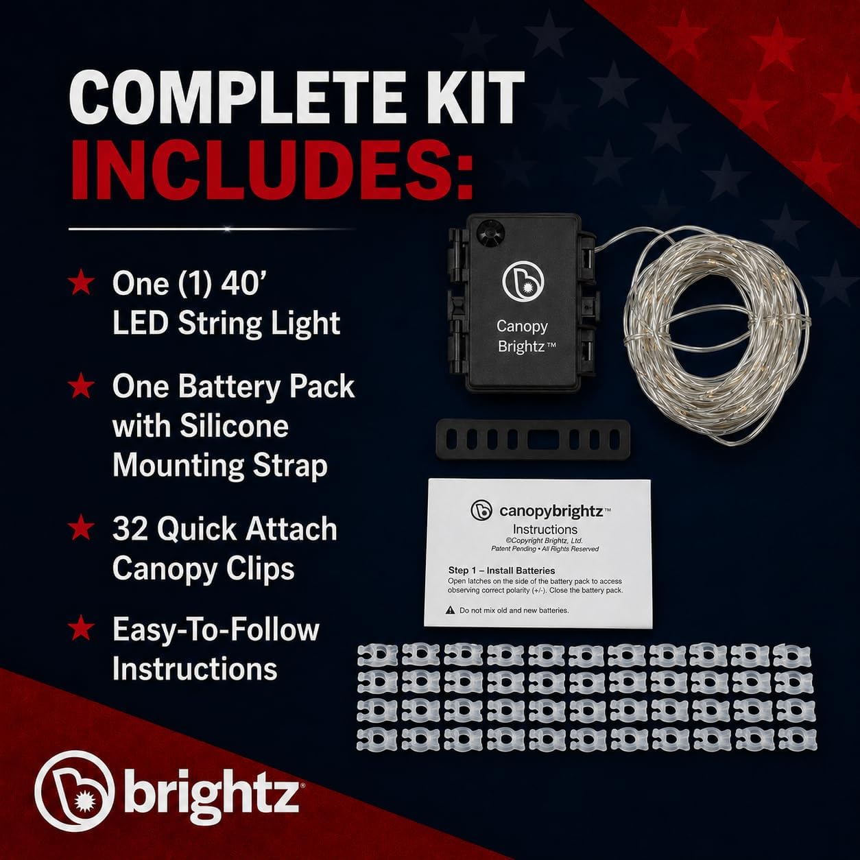 Brightz LED Patriotic Canopy Lights, 40 ft Red White & Blue | 4th of July golf cart decorations & string lights; battery powered 60 LEDs; 24+ hour runtime; made in USA components