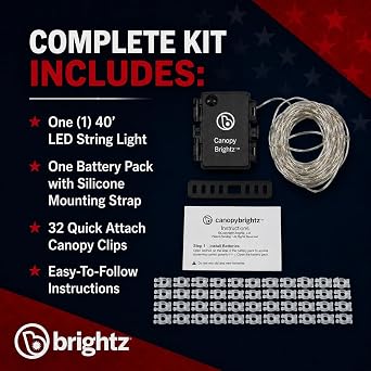 Brightz LED Patriotic Canopy Lights - 40 ft Red White & Blue String Lights - 4th of July Golf Cart Decorations - Made in USA with Globally Sourced Materials, Battery Powered 60 LEDs, 24+ Hour Runtime