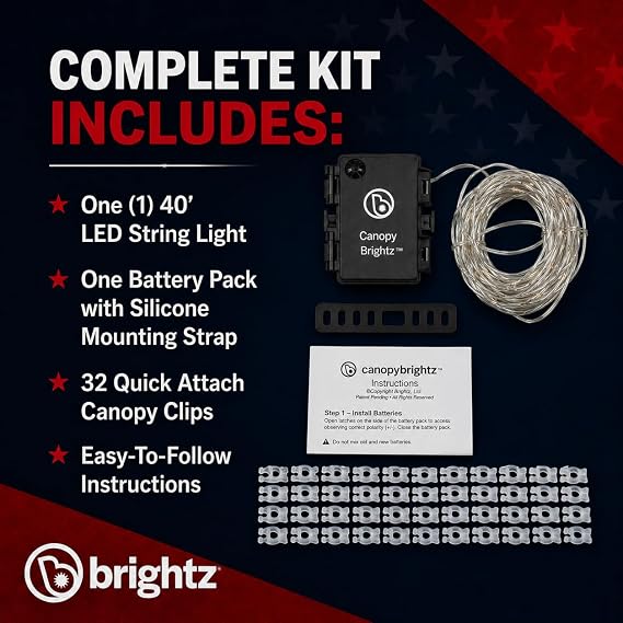Brightz LED Patriotic Canopy Lights - 40 ft Red White & Blue String Lights - 4th of July Golf Cart Decorations - Made in USA with Globally Sourced Materials, Battery Powered 60 LEDs, 24+ Hour Runtime