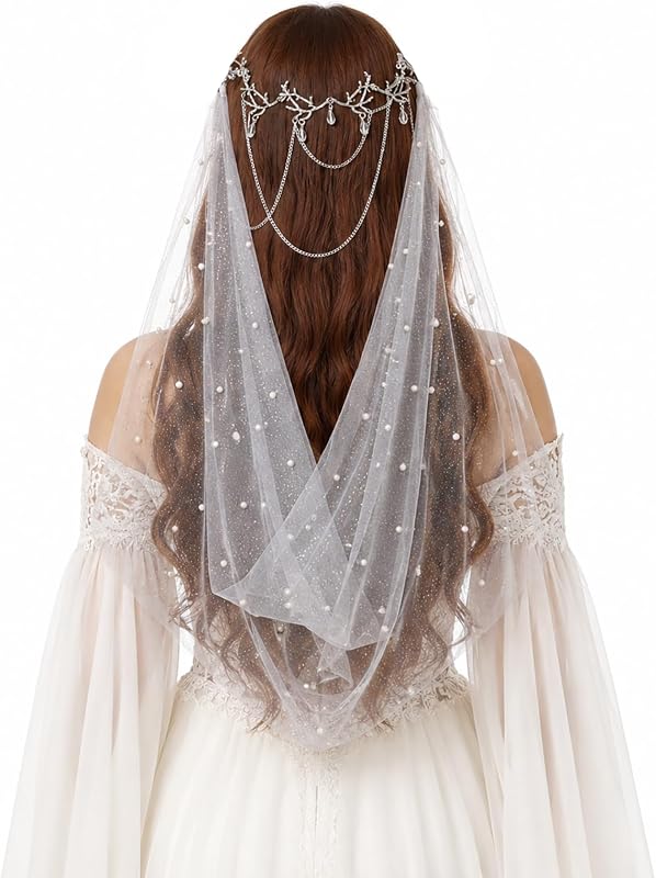 Shining Pearl Wedding Veil Bride Headpiece Elven Elf Dress Accessory Goddess Headwear Renaissance Fairy Costume