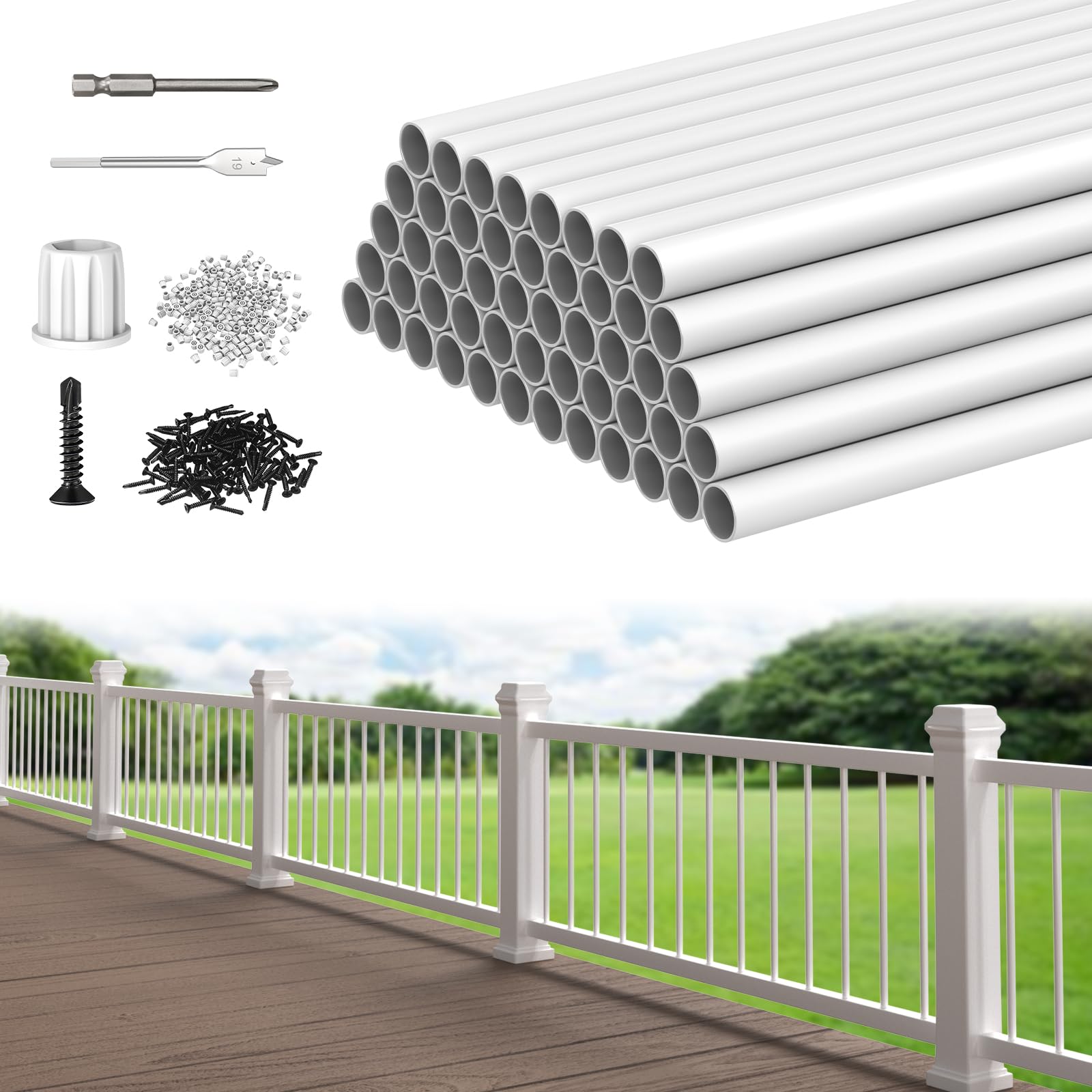 CKE 50 Pack 32" White Round Aluminum Balusters, White Aluminum Spindles with Screws& Conectors for Indoor Outdoor, 3/4" Diameter Hollow Deck Round