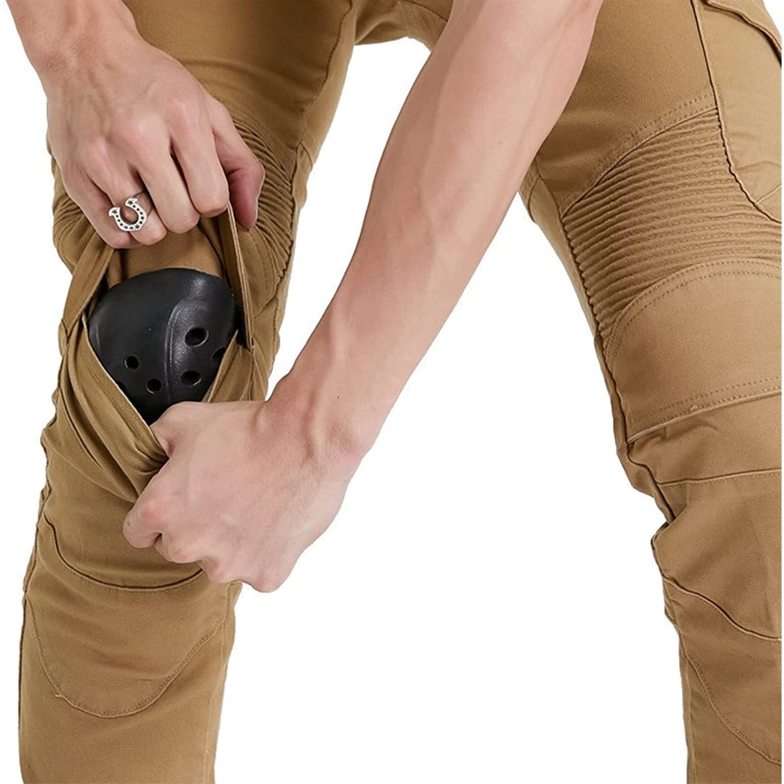FFFF & OLFEH Męskie dżinsy motocyklowe, spodnie ochronne z oddychającym, odpornym na zużycie kevlarem, z 2 parami ochraniaczy z podszewką, ochronne, z certyfikatem CE (khaki, L)