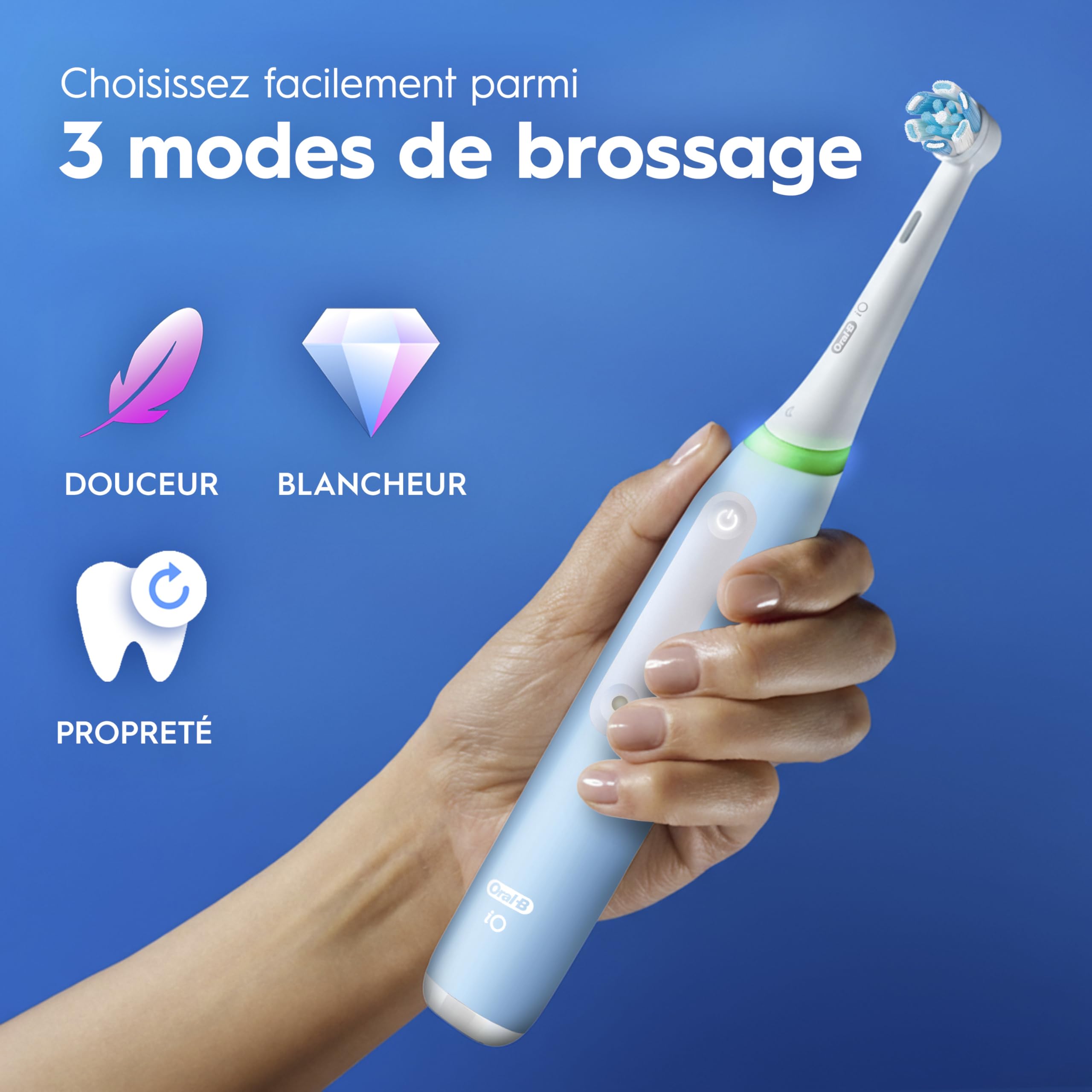 Oral-B Brosse à Dents Electrique iO 3 avec 3 Brossettes de Rechange, Bleue – 3 Modes de Brossage Silencieux dont Douceur et Blancheur, Capteur de Pression sur les Gencives, Batterie Rechargeable
