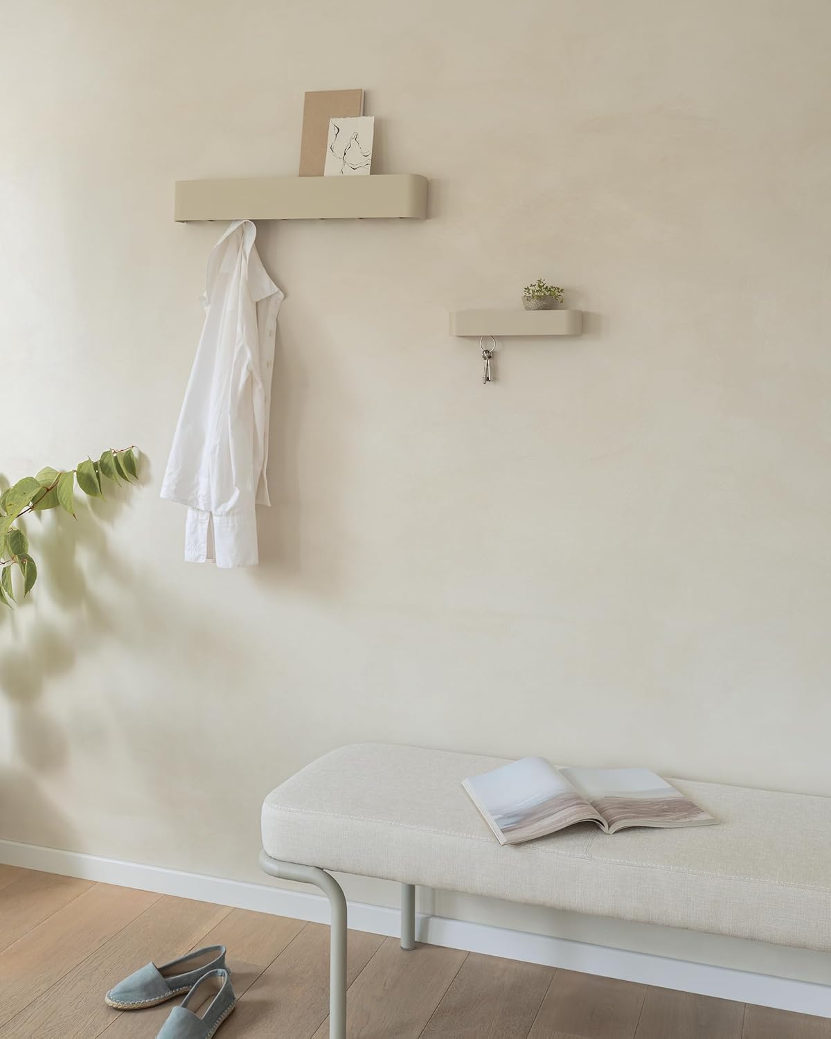 Kazai. Coat Rack Wall Mount with Shelf 'Tone' | Modern Design Coat Hanger with Hidden Hooks and Storage | Hat Rack with Shelf in Metal | Wall-Mounted Purse Organizer | Taupe