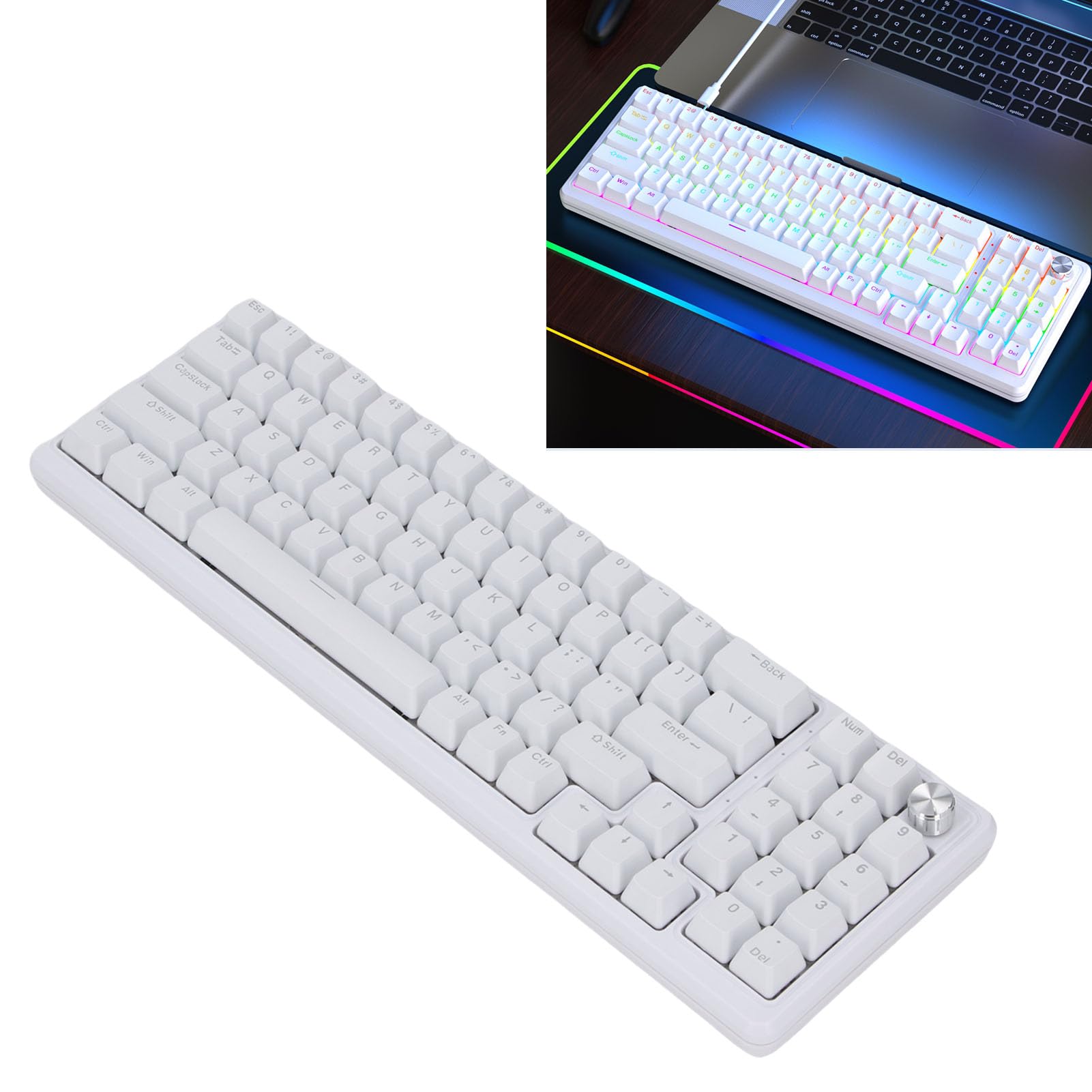 Asixxsix Mechaniczna klawiatura do gier, bezprzewodowa klawiatura mechaniczna z 11 dynamicznymi diodami RGB, podświetlana, układ 75% (WHITE)
