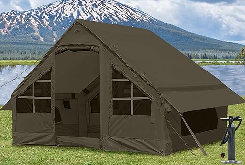 Inflatable Tents for Camping with Stove Jack, 2/4/6/8 Person Easy Setup Blow Up Tents for 4 Seasons Waterproof Inflatable Camping Tent with Awning,