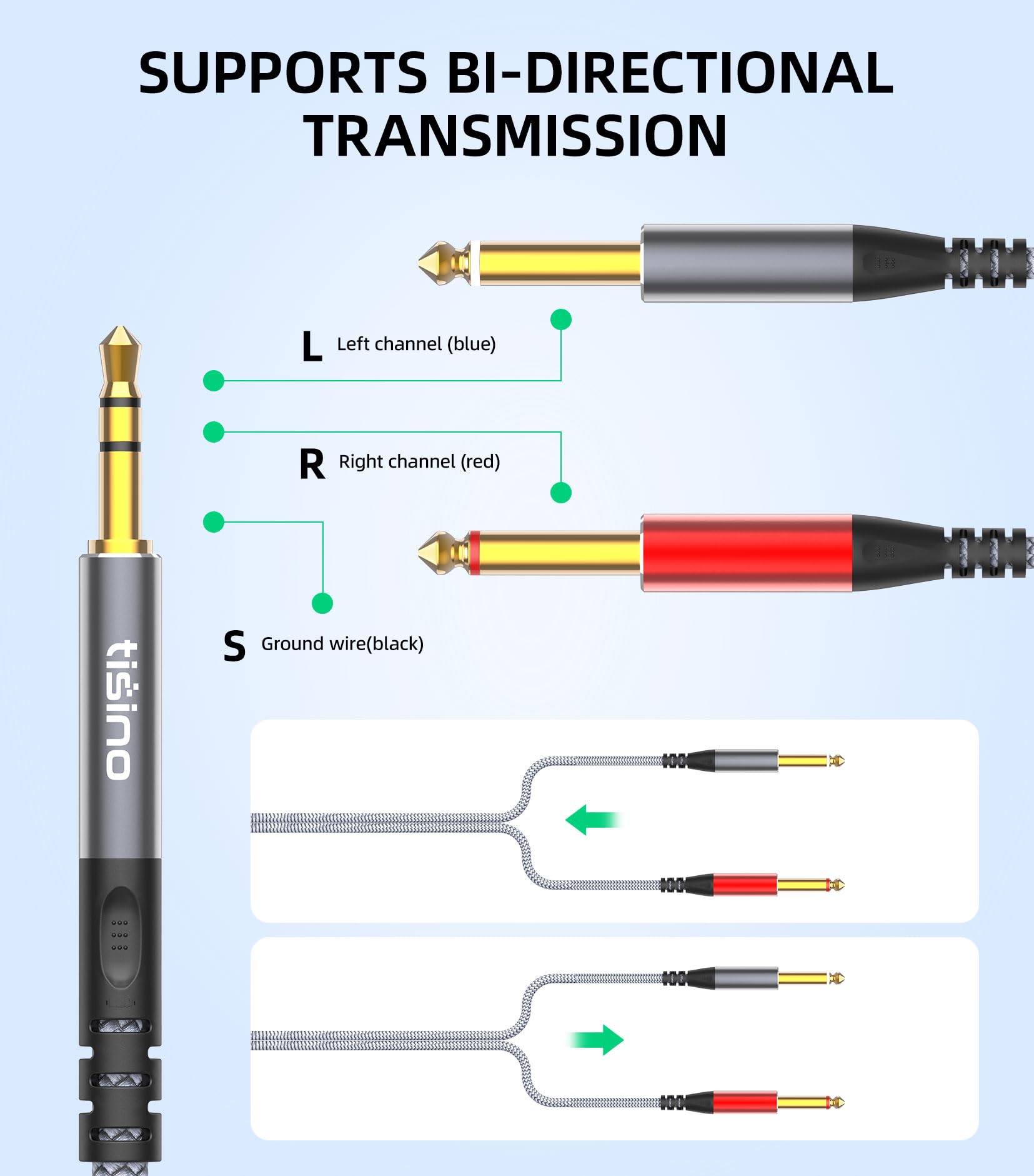 Tisino kabel audio stereo 3,5 mm do 2 x 6,35 mm TS, kabel Y 1/8 do 1/4, TRS do 2 x 6,35 mm mono jack do telefonu, laptopa, PC, miksera, głośników i wzmacniacza-1m