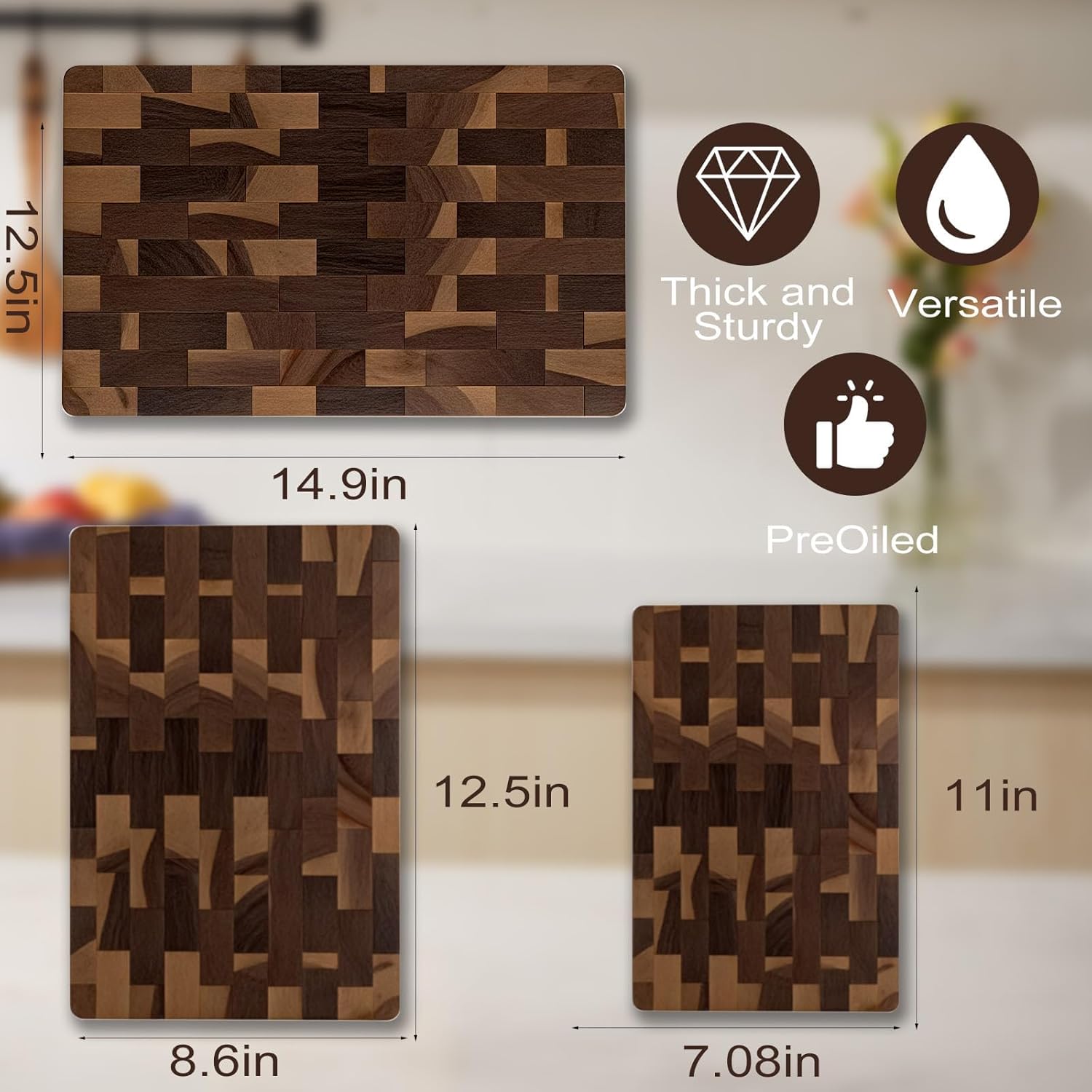 Premium 3-Piece End-Grain Cutting Board Set, Wooden Cutting Boards for Kitchen, Reversible Chopping Board, Built-In Handles, Knife-Friendly,Durable Butcher Block for Kitchen Prep & Charcuterie Serving