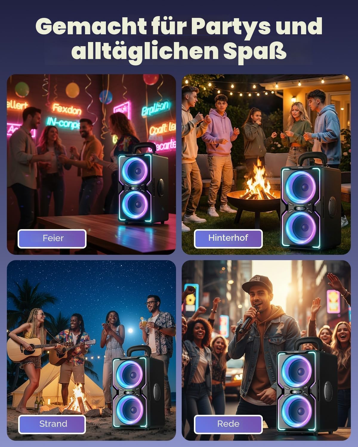 AKONE Party Bluetooth Lautsprecher, 240W Musikbox Bluetooth Groß, Loud Sound Partybox, Natur Super Bass,15H,TWS, Bunte LED-Lichtshow, Soundbox für Party, Camping, Beach, Backyard, Home