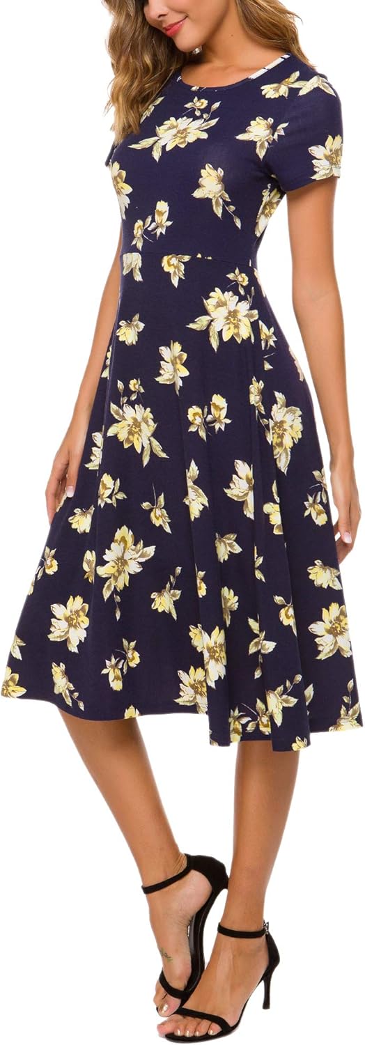 Urban CoCo Women's Vintage Short Sleeve High Waist Flared Midi Casual Summer Dress - Image 2