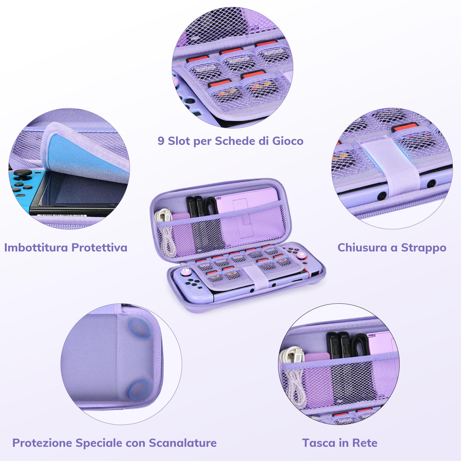 Younik Switch Custodia Per Switch 2017, Pacchetto di Accessori per Switch 14 in 1 con Custodia per Trasporto, Accessori Protettivi per Console Switch e J-Con (Viola, Motivo a Bottoni) - 4