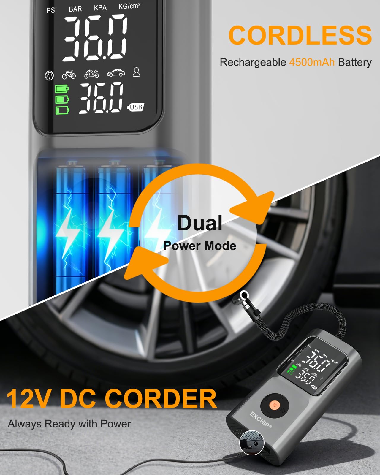 Reifenfüller, tragbarer Luftkompressor, 150 PSI Luftpumpe für Autoreifen, Dual Power, kabellos, wiederaufladbar und DC 12 V tragbarer Reifenfüller mit Messgerät
